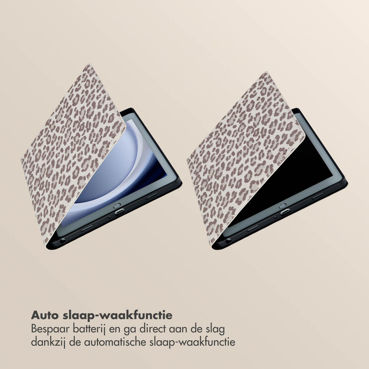 Two tablet cases open, showing leopard print cover. Automatic sleep-wake function text.
