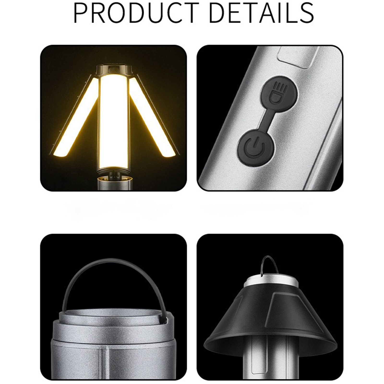 Nahaufnahme Produktdetails. Bild zeigt Knopf, Lichtfeld, oberer Griff und schwarzen Deckel der Lampe.