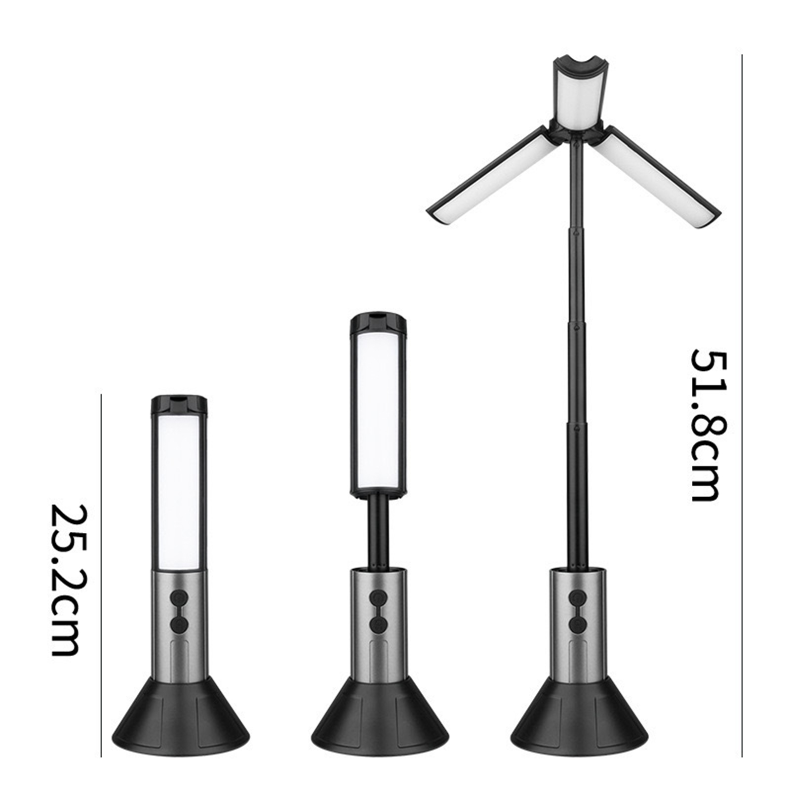 Drei Lampen, gleiches Design, verschiedene Größen. Eine klein, eine mittel, eine groß. Schwarze Sockel, silberne Gehäuse.