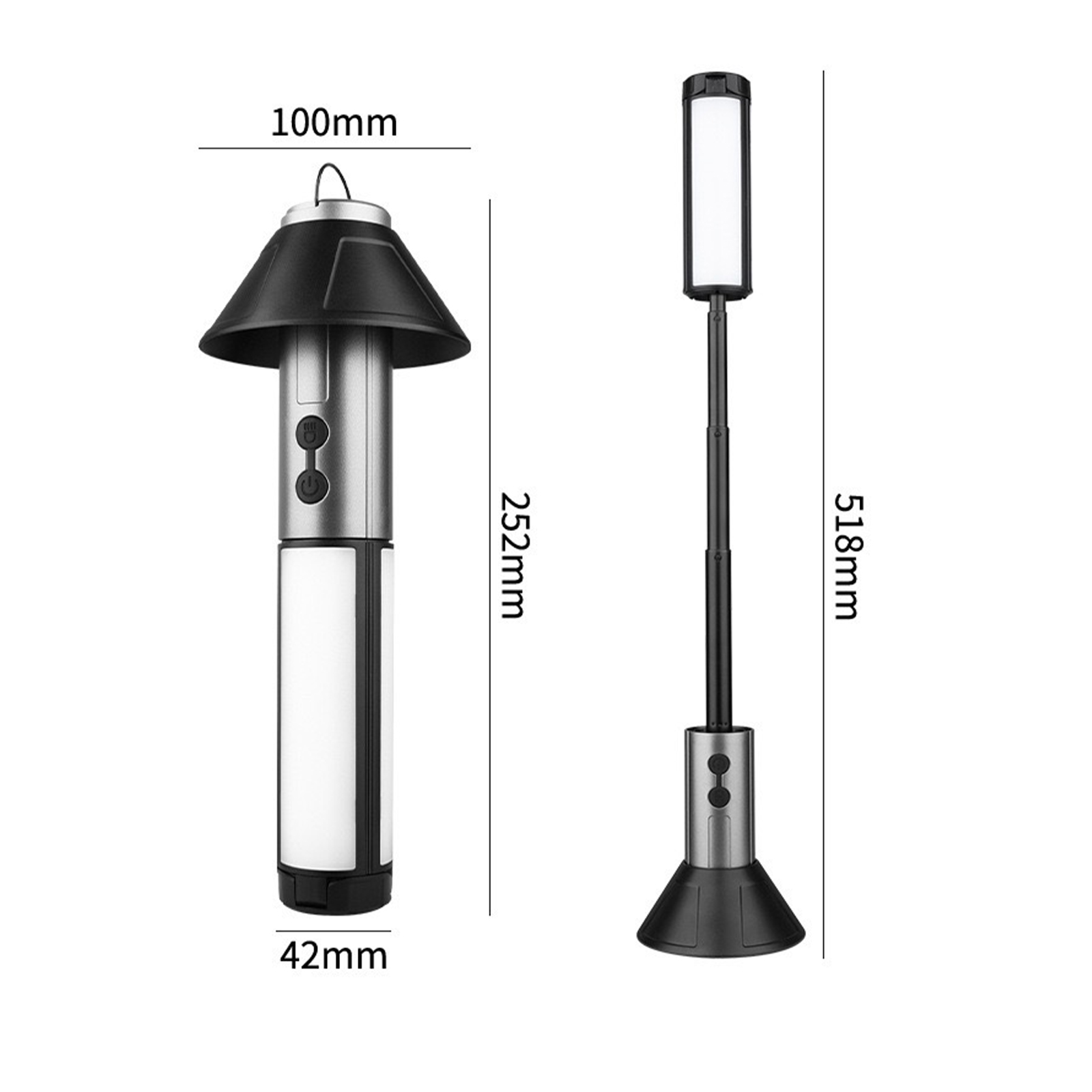 Lampe mit Maßen. Die Lampe ist schwarz und silber. Die Maße sind in Millimetern und Zentimetern angegeben.