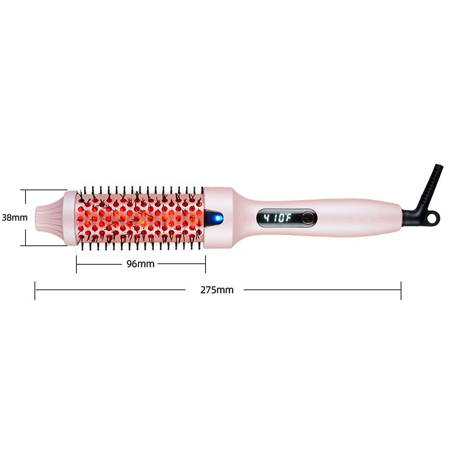 Haarbürste mit Maßen. Die Bürste ist rosa mit Digitalanzeige und roten Borsten.