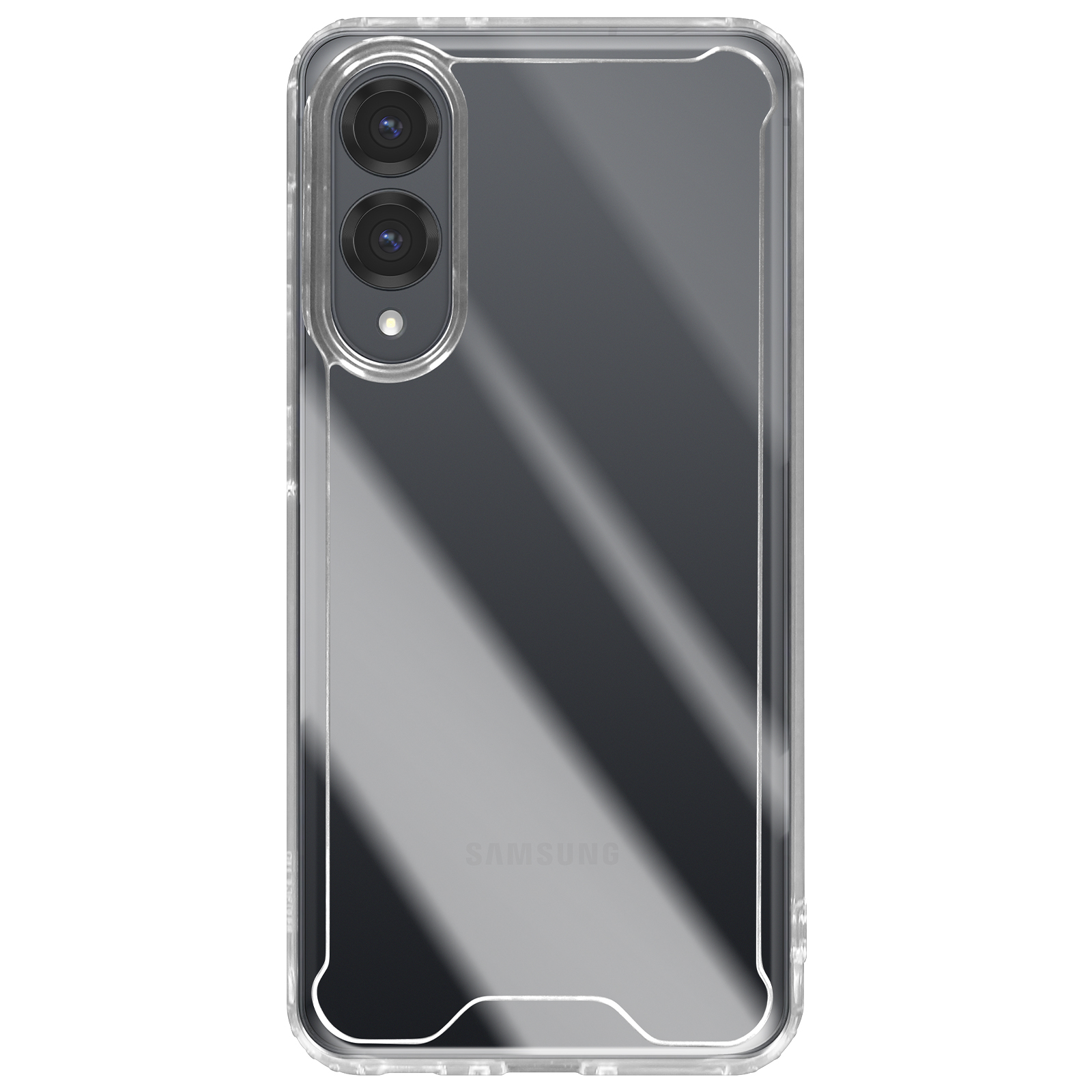 Custodia trasparente per telefono su sfondo bianco, che mostra il retro del telefono con lenti della fotocamera. Marchio visibile.