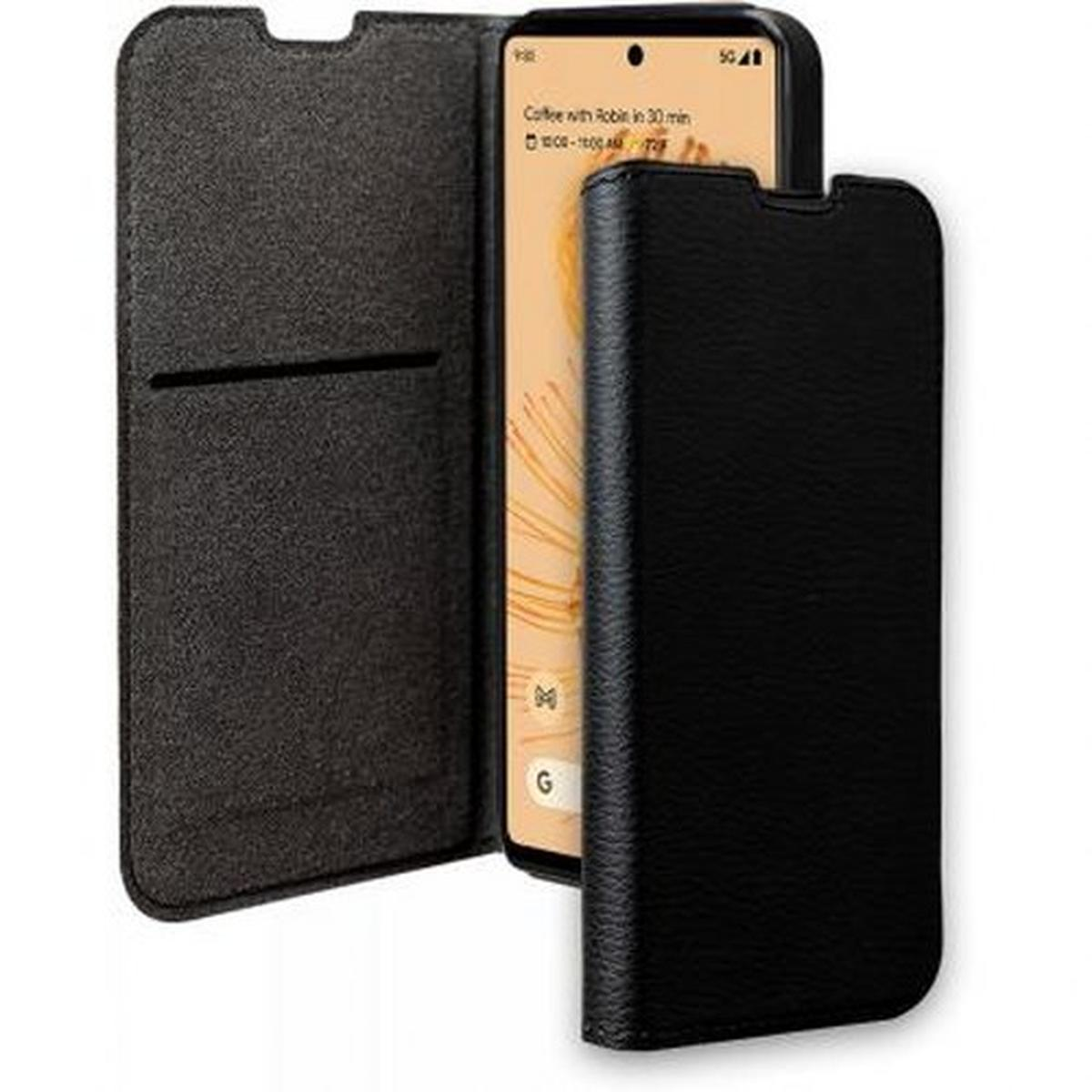 Custodia per telefono nera aperta, che mostra il telefono. La custodia ha una copertura interna nera.