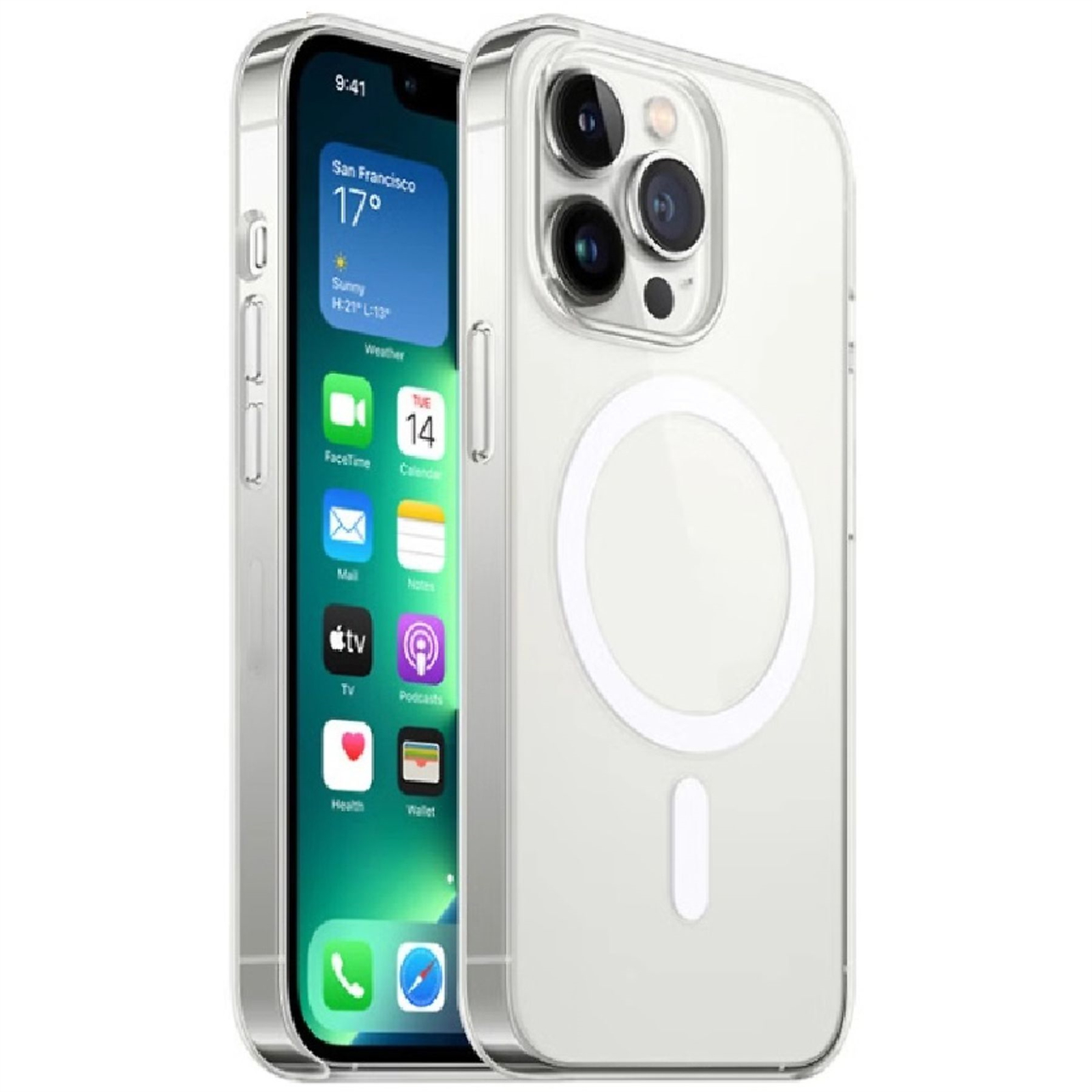 iPhone-Hülle, transparent mit silbernen Rändern, zeigt Telefon mit Apps und Wetterinfos auf dem Bildschirm.