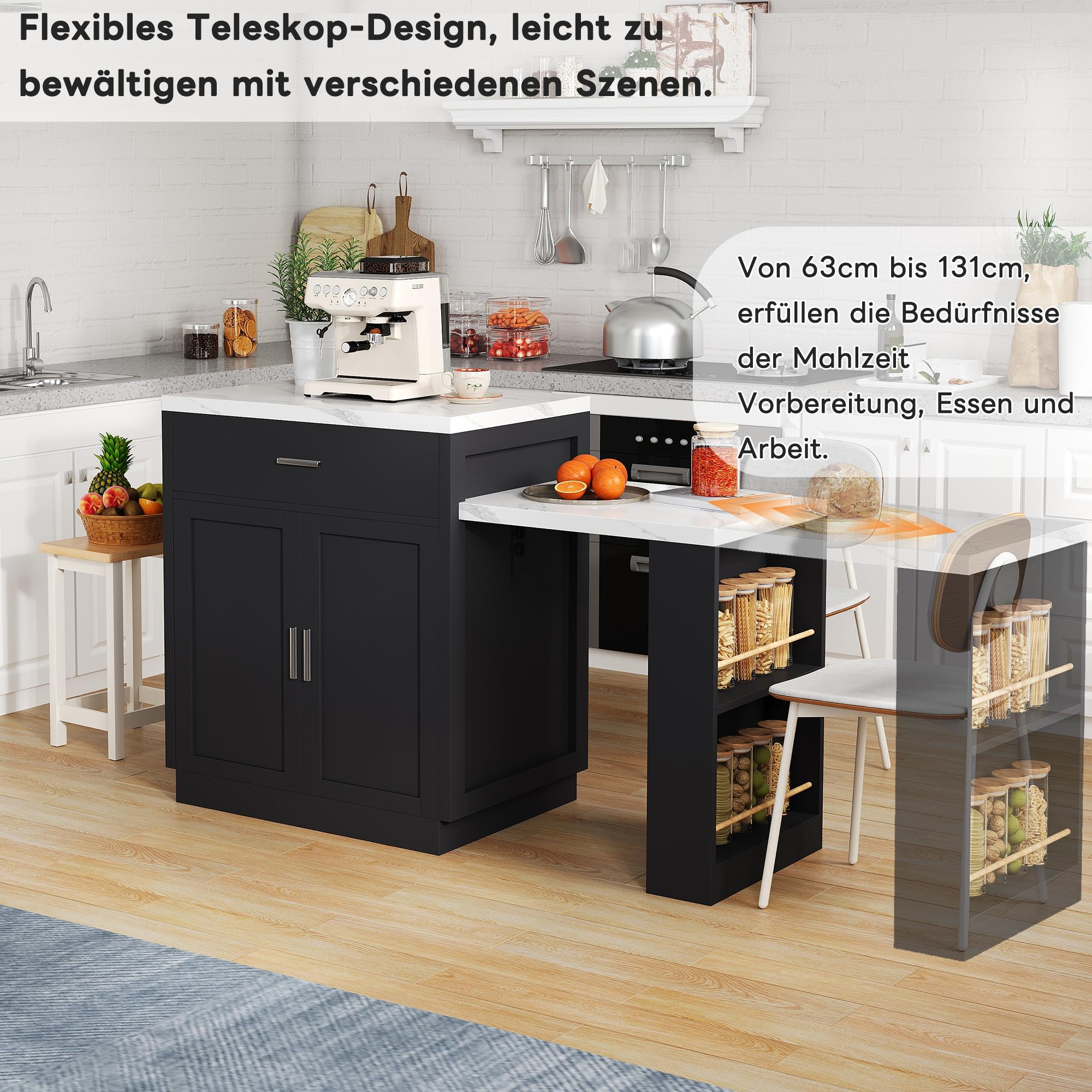 Kücheninsel mit schwarzen Schränken, weißer Arbeitsplatte und Esstischerweiterung.