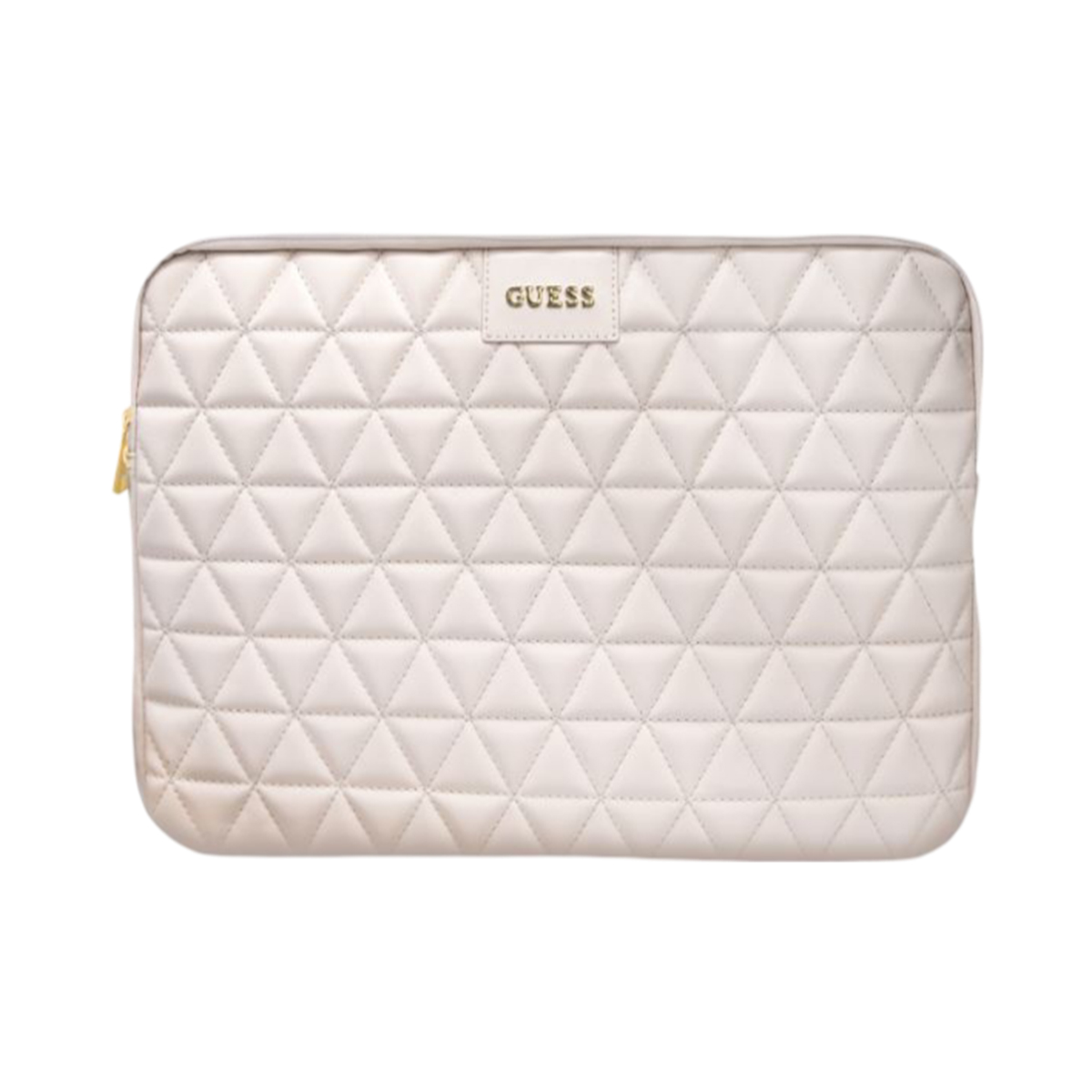 Custodia per laptop trapuntata bianca con cerniera dorata e logo GUESS dorato.