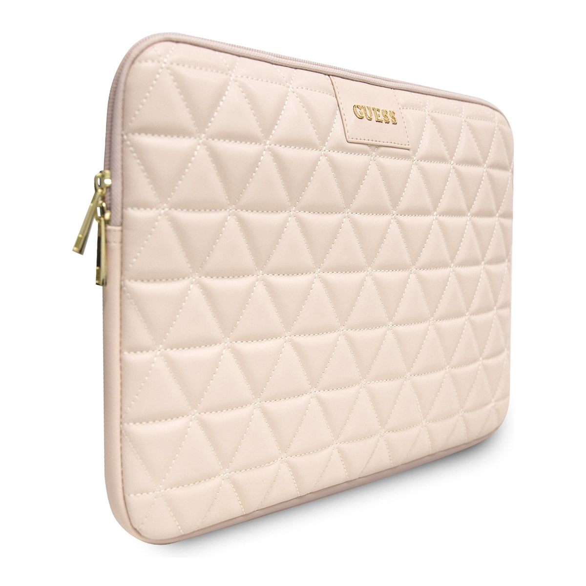 Custodia per laptop beige trapuntata con cerniera dorata e logo GUESS.