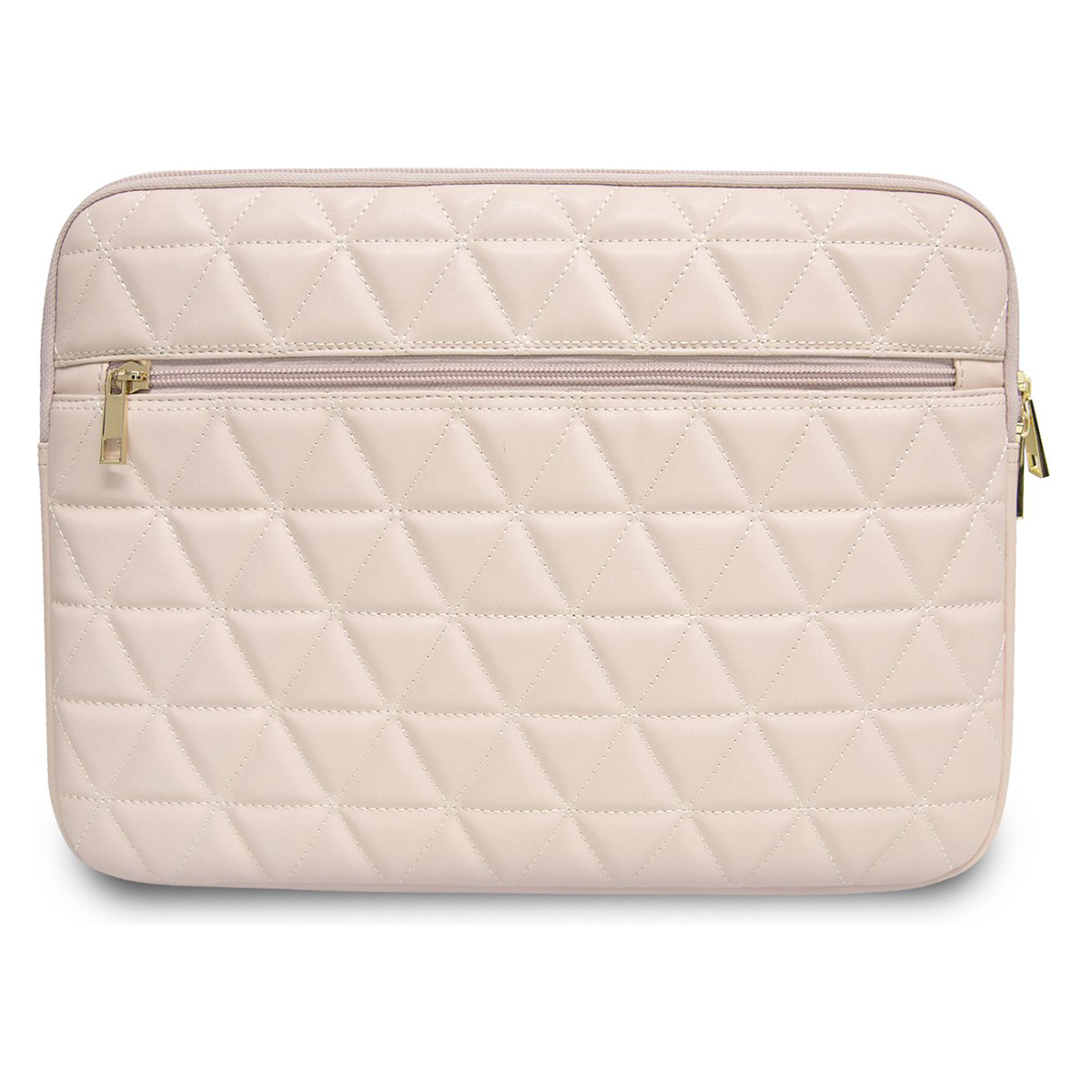 Custodia per laptop trapuntata beige con cerniera dorata. Motivo a rombi.
