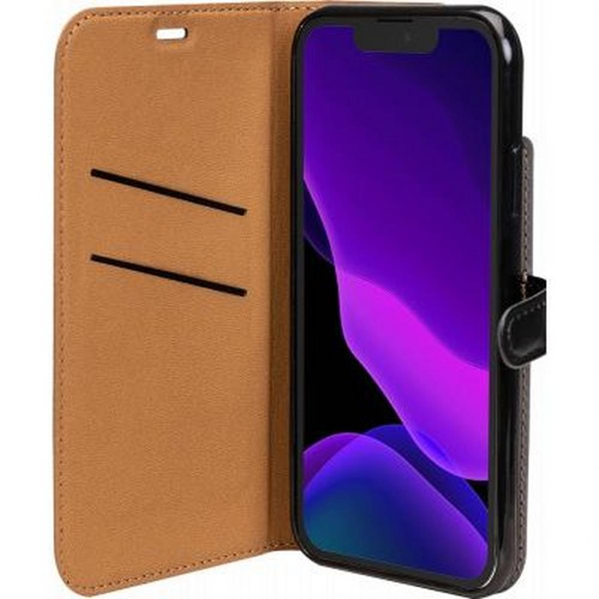 Custodia per telefono aperta con telefono all'interno. Il telefono ha uno schermo viola. La custodia è marrone e nera.