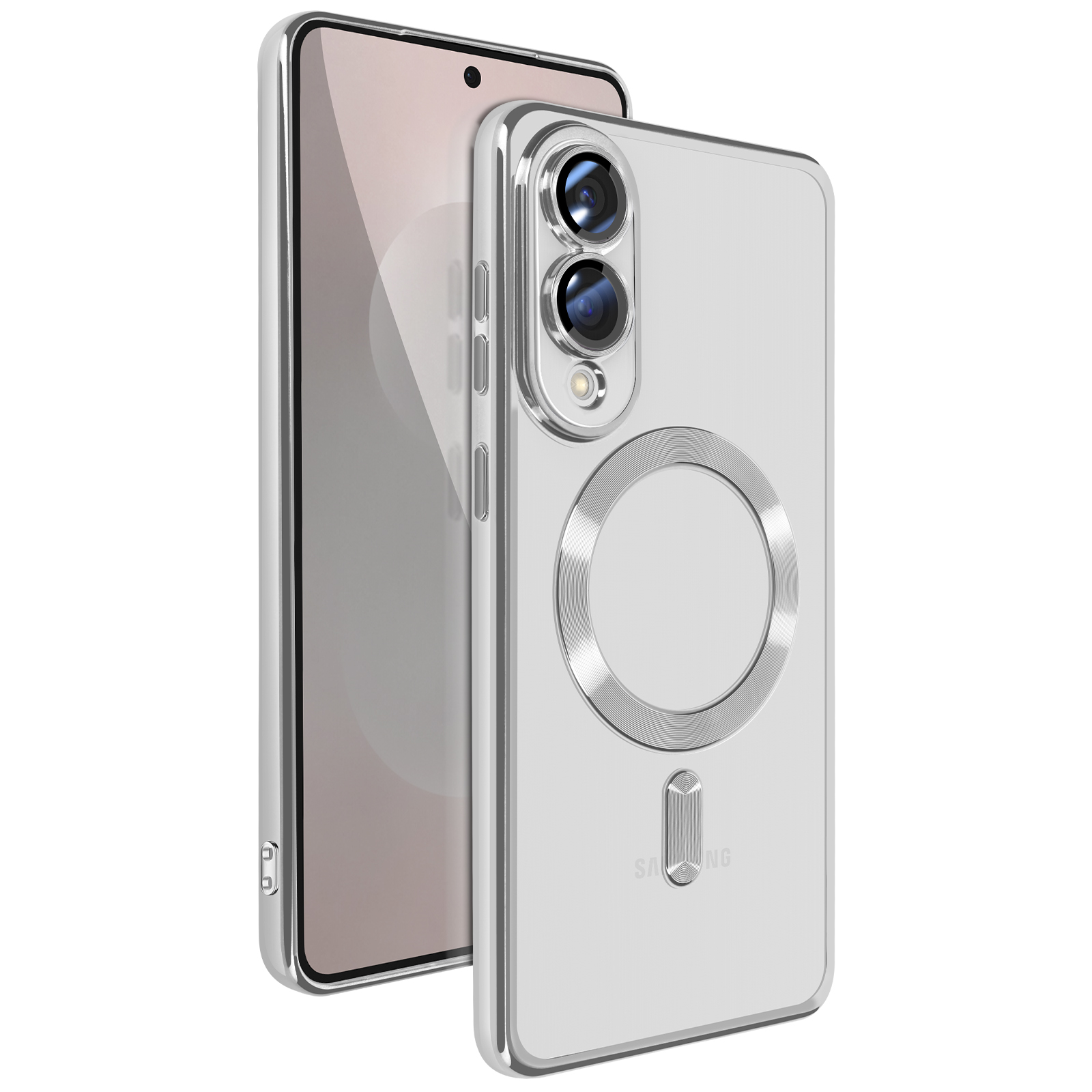 Una custodia trasparente per telefono con un telefono all'interno. Il telefono ha delle fotocamere. La custodia ha un anello d'argento.