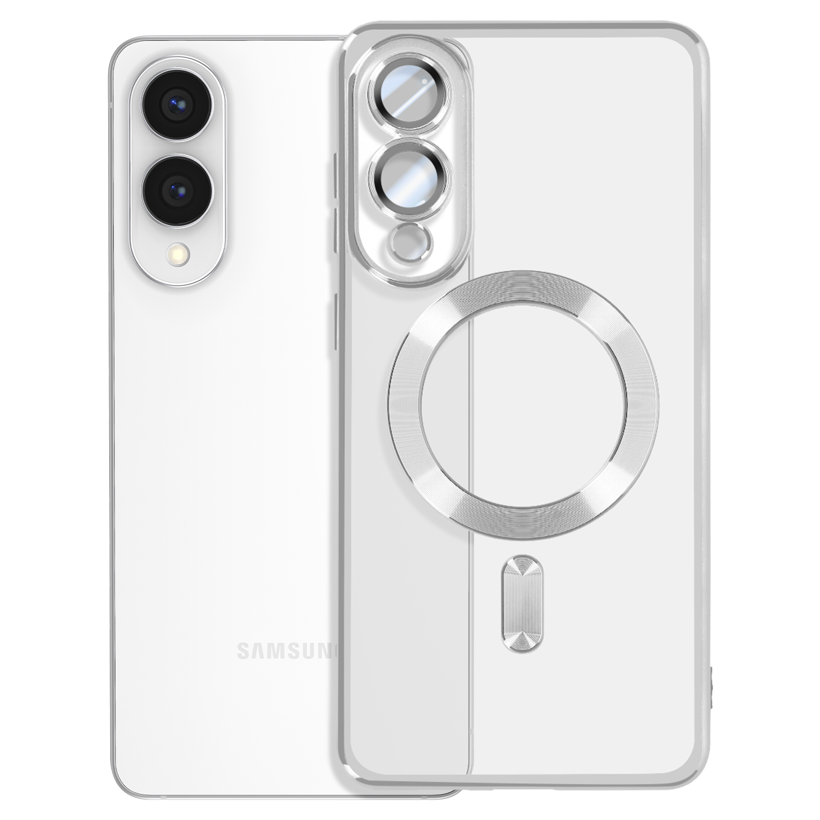 Due telefoni bianchi, uno mostra il retro e l'altro il davanti. Entrambi hanno fotocamere e una custodia trasparente.