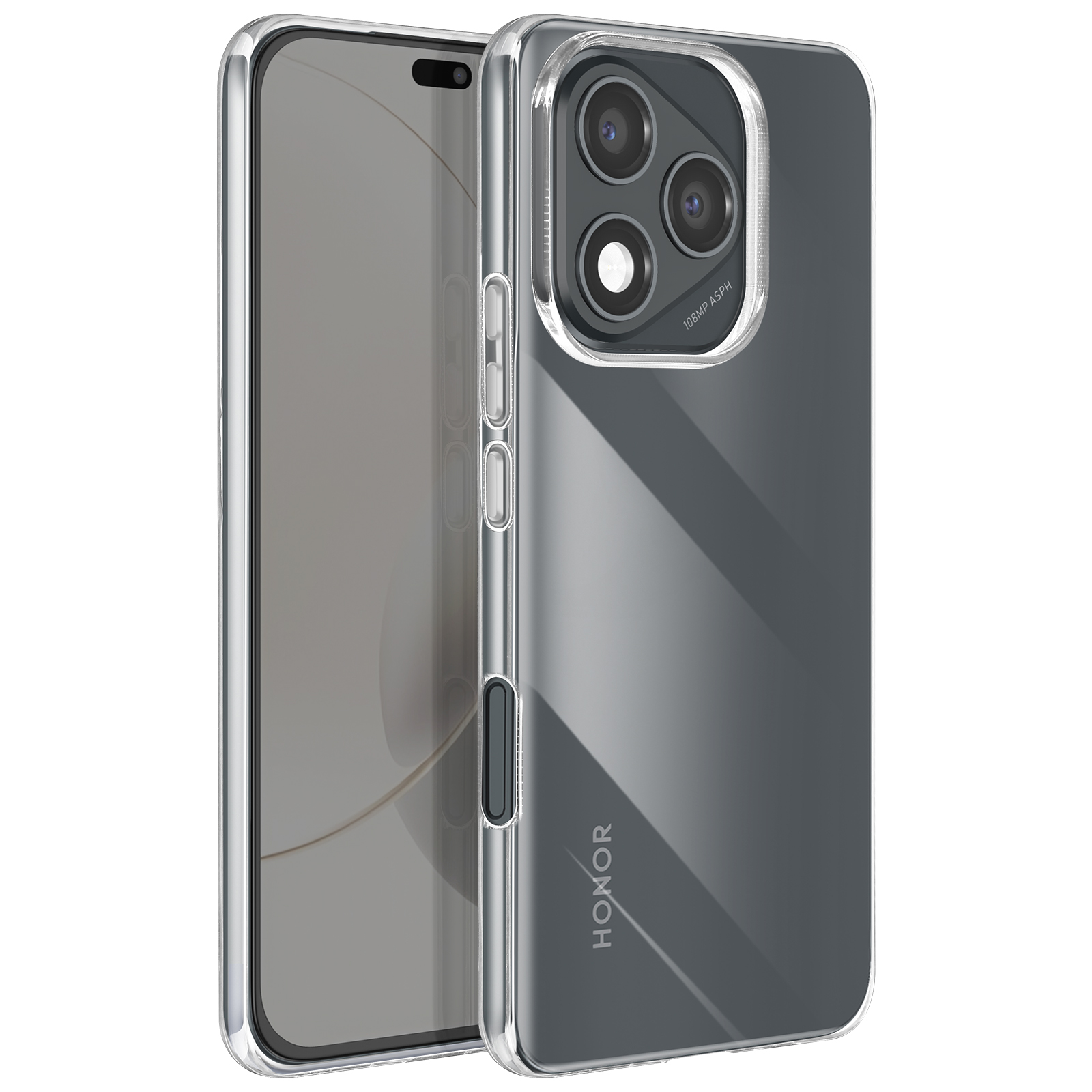 Transparante telefoonhoes op een telefoon. De camera heeft drie lenzen. De telefoon staat.
