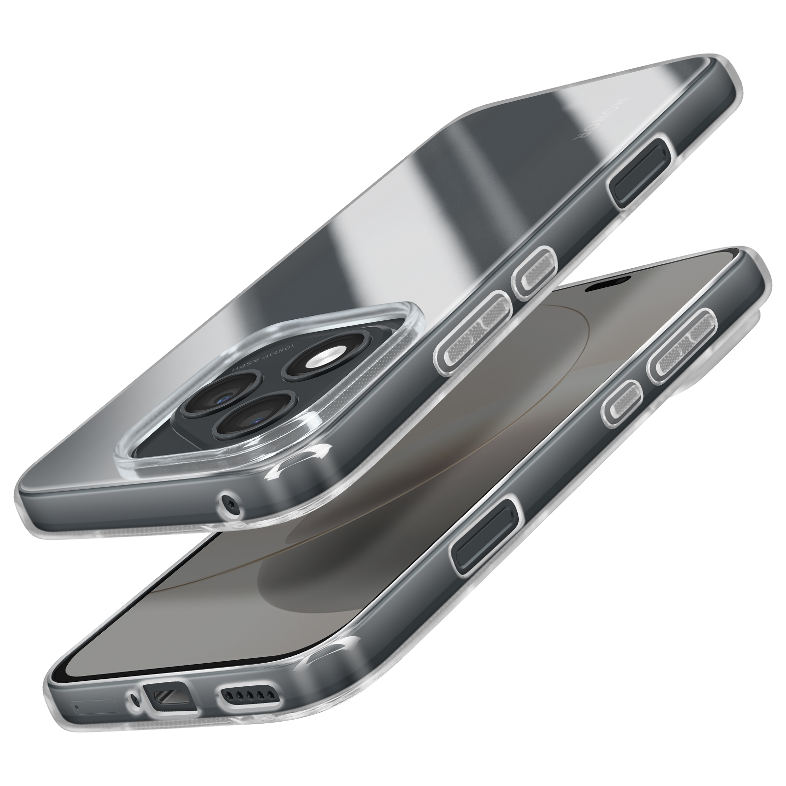 Twee doorzichtige telefoonhoesjes. De bovenste hoes is schuin geplaatst om de knoppen te laten zien. Beide hebben een camera bump.