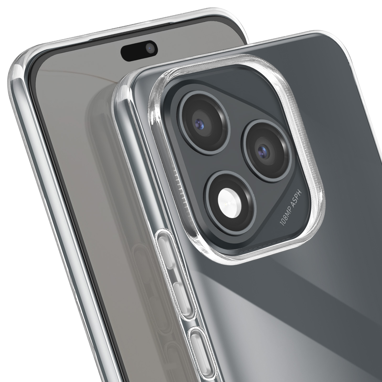 Close-up van een doorzichtige telefoonhoes met een camera bump. De telefoon is niet zichtbaar.