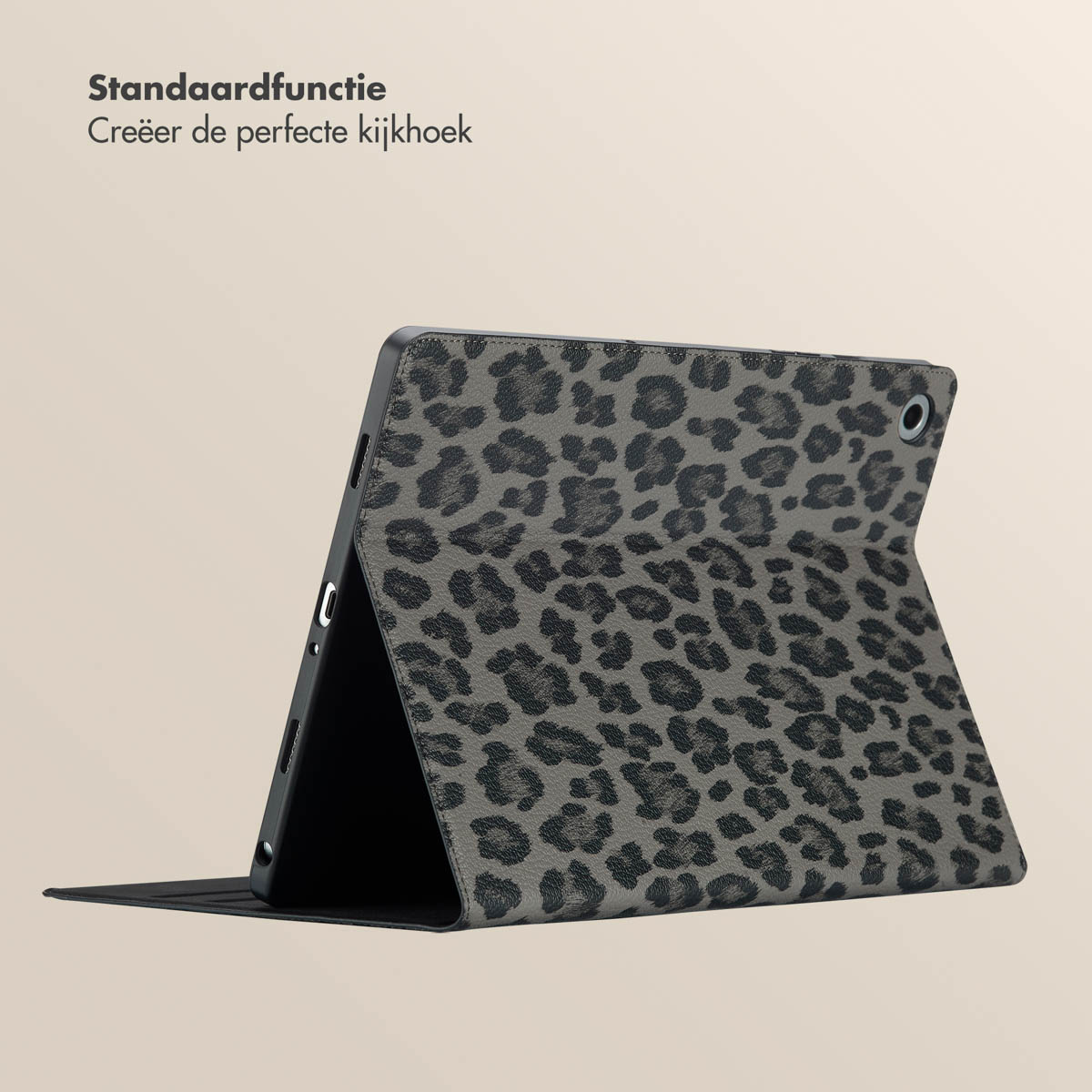 Tablet case with leopard print. The tablet is open to display the screen.