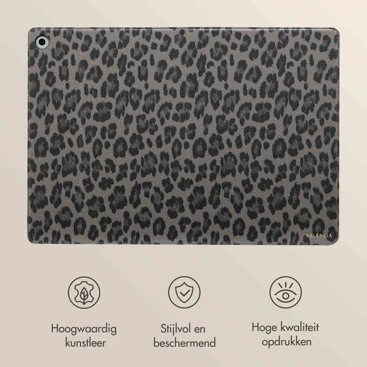 A tablet case with a leopard print pattern is displayed, with icons for high-quality leather and protection.