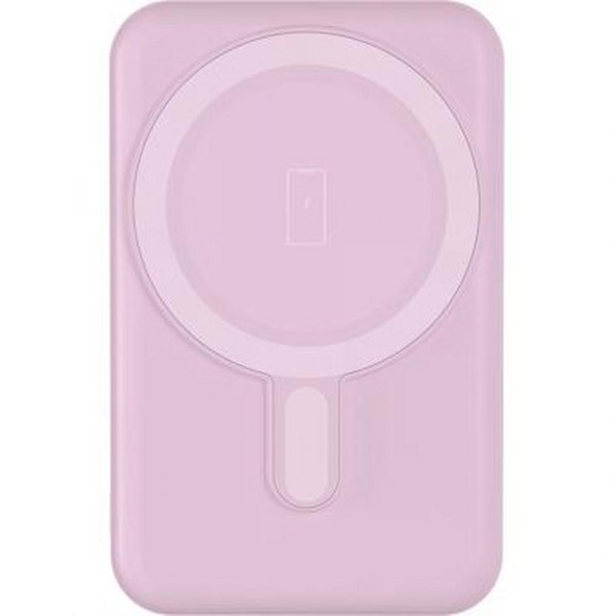 Cargador inalámbrico rosa. El cargador es rectangular con un área de carga circular.