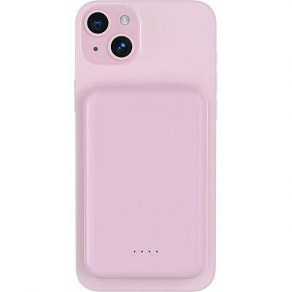 Una funda para teléfono rosa claro. La parte posterior tiene un rectángulo rosa. Es una funda de carga.