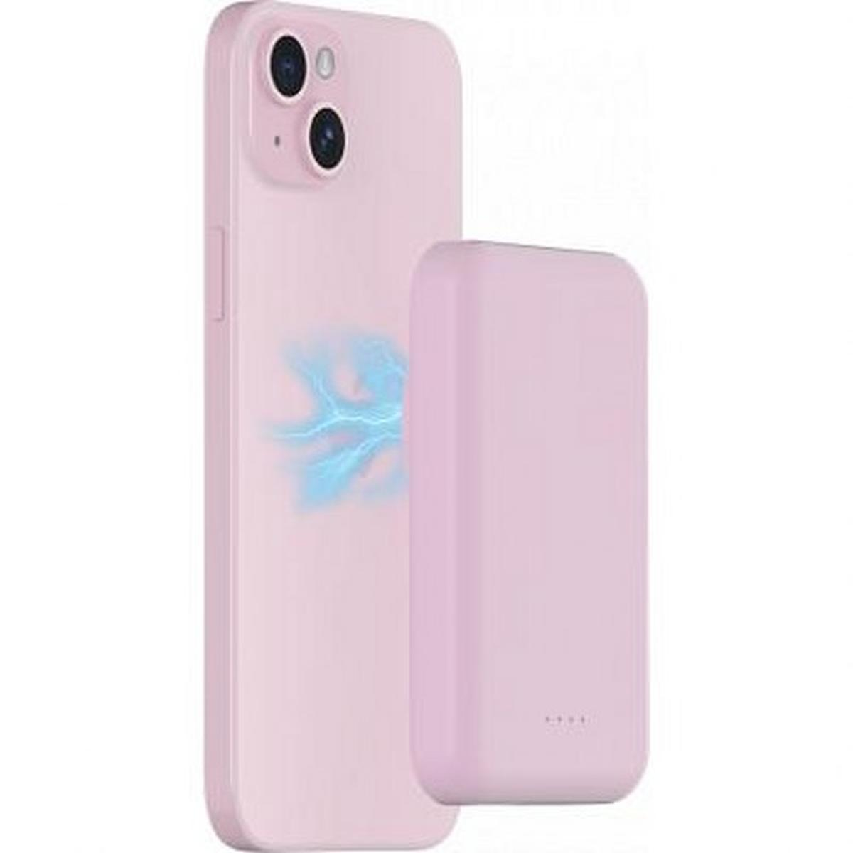 Funda rosa para teléfono con un accesorio de carga. La funda tiene un diseño de rayo.