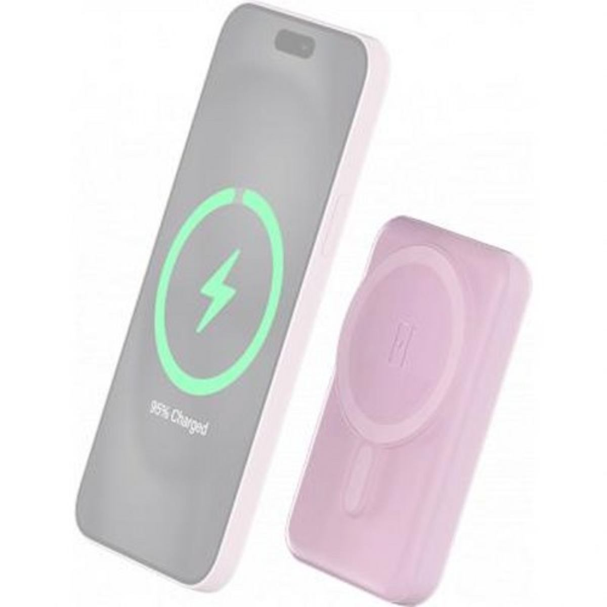 Un teléfono y un cargador con un símbolo de carga inalámbrica. El teléfono se está cargando al 95% y es rosa.