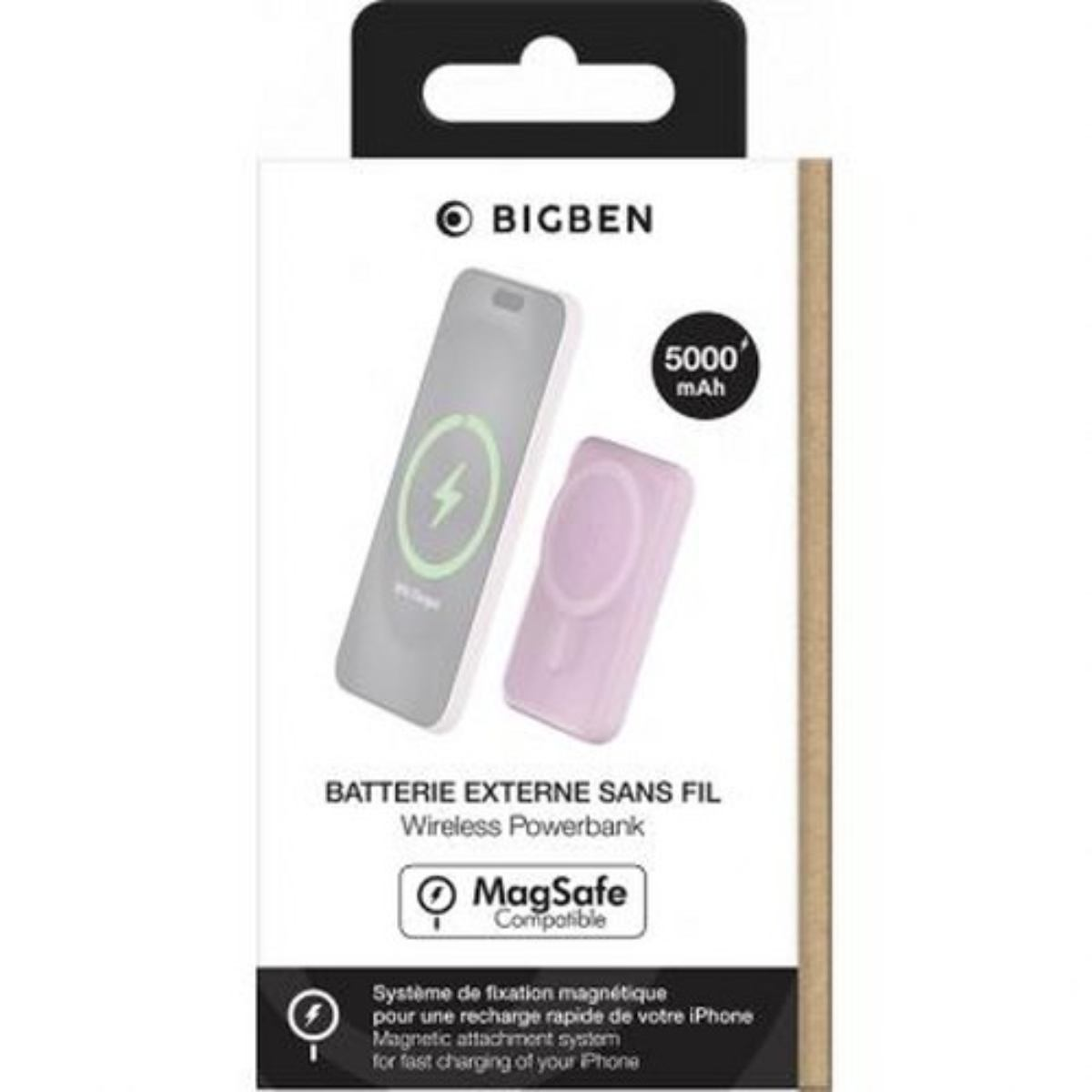 Una caja de Bigben Wireless Powerbank con dos dispositivos, uno como un teléfono con un símbolo de carga.