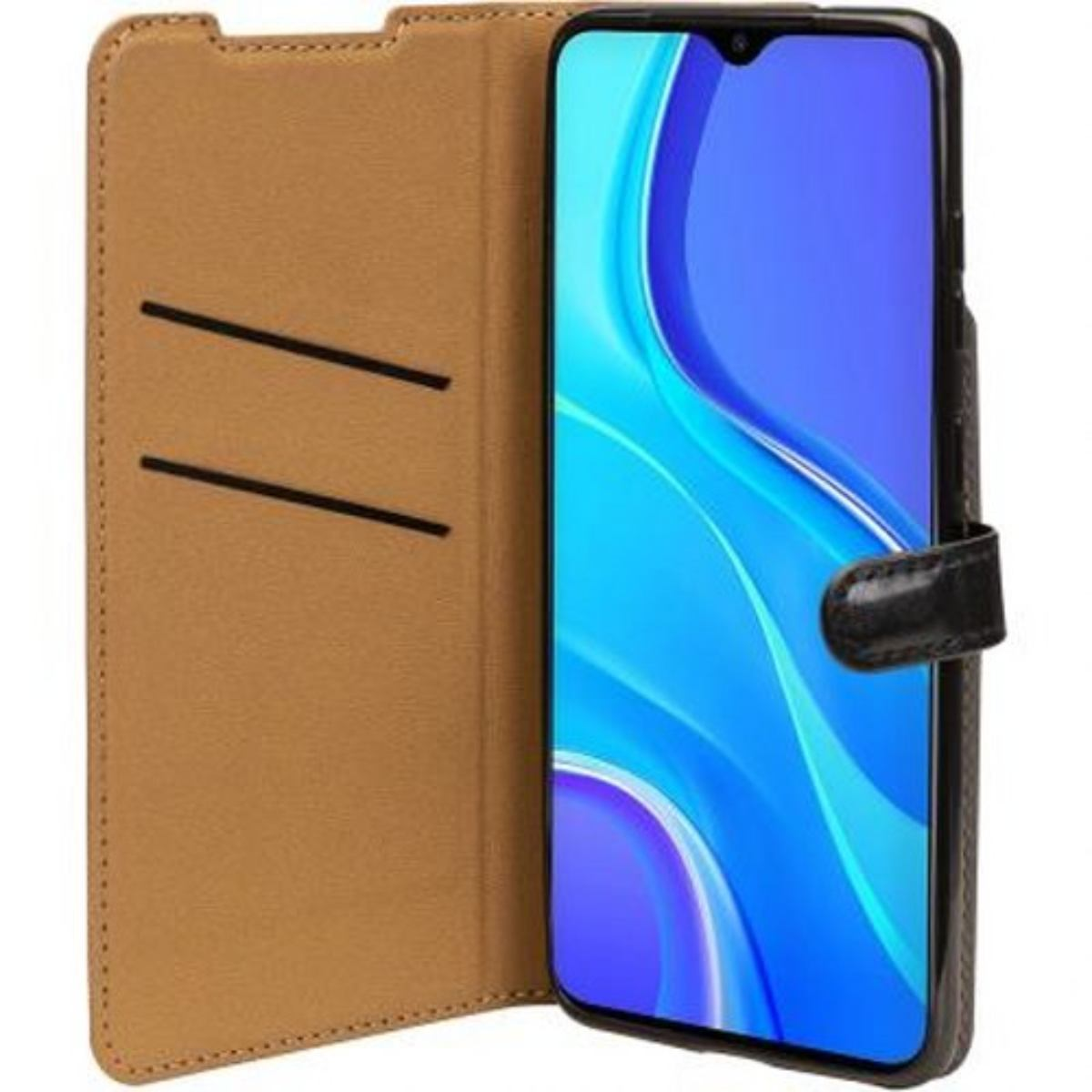 Ein Telefon in einer braunen Lederhülle, geöffnet, um den Bildschirm freizugeben. Das Telefon ist schwarz, der Bildschirm blau.