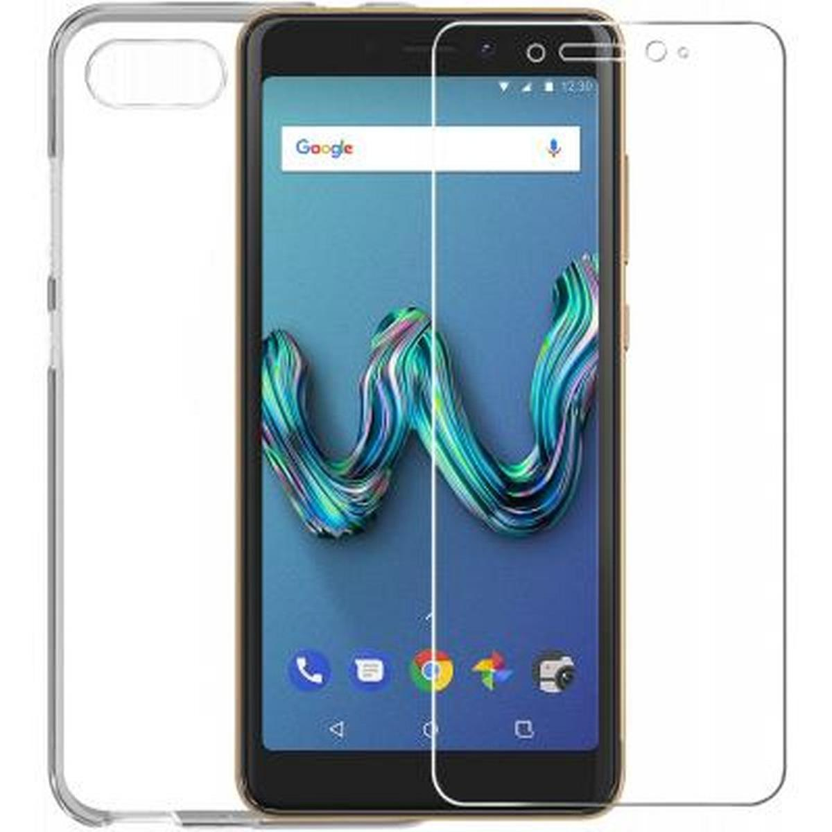 Telefono con proteggi schermo e set di custodie. Il telefono è dorato e ha una custodia trasparente.
