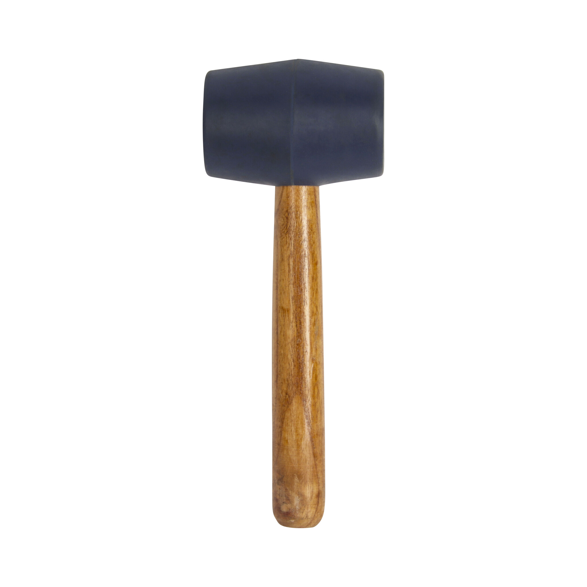 Ein schwarzer Gummihammer mit Holzgriff, isoliert auf weißem Hintergrund.
