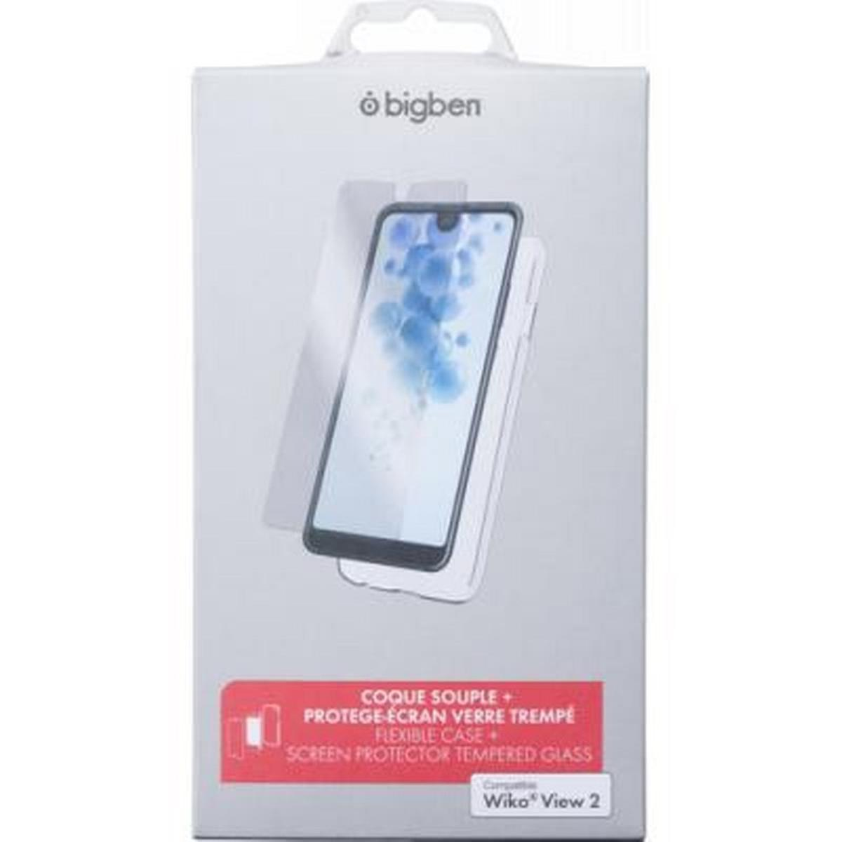 Una scatola bianca con un telefono e una protezione per lo schermo, contrassegnata con testo e loghi per Wiko View 2.