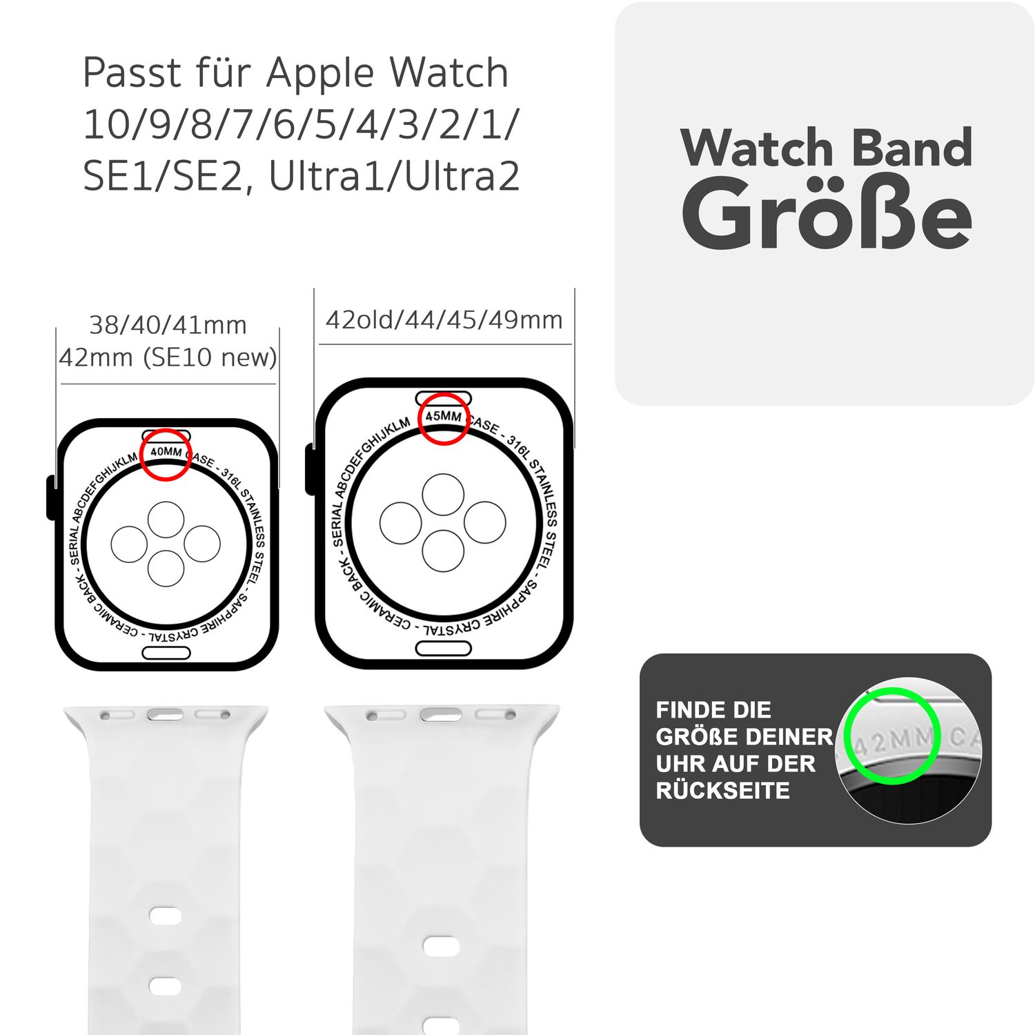Diagramm der Apple Watch Größen und Armbänder. Text auf Deutsch.