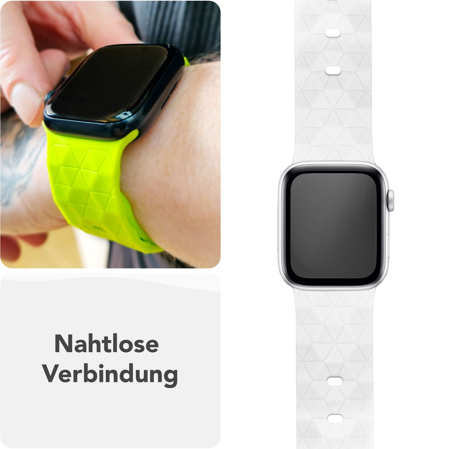 Eine Uhr mit schwarzem Bildschirm und grünem Armband am Handgelenk einer Person. Ein weißes Band wird gezeigt.