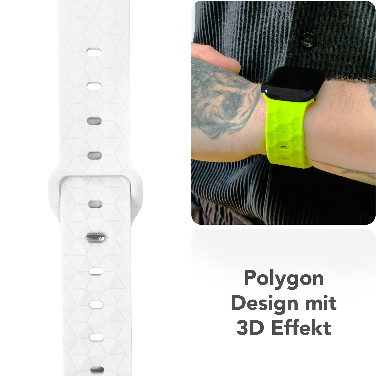 Weißes Uhrenarmband mit geometrischem Design. Eine Person trägt eine Uhr mit grünem Band.