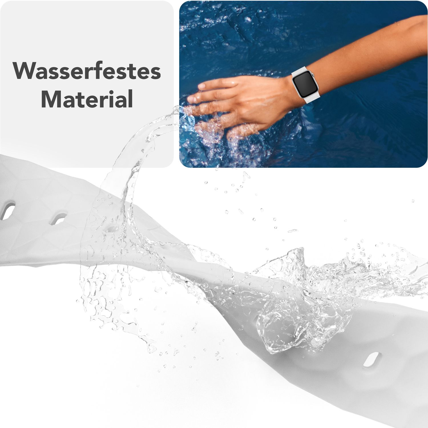 Wasserdichtes Material, Wasser spritzt auf ein weißes Tuch. Eine Hand mit Uhr ist in der Ecke.