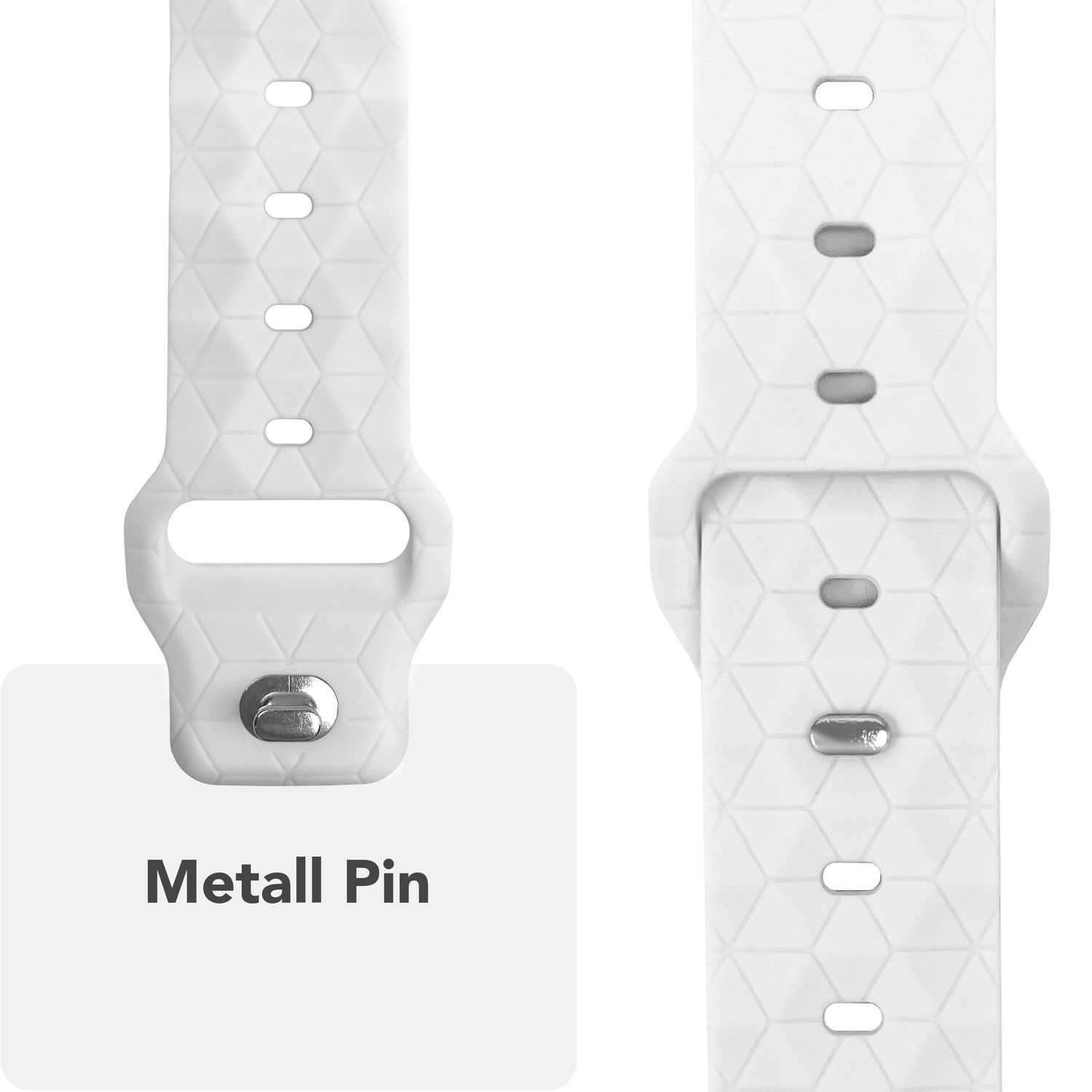 Weißes Uhrenarmband mit geometrischem Design. Ein Metallstift wird gezeigt.
