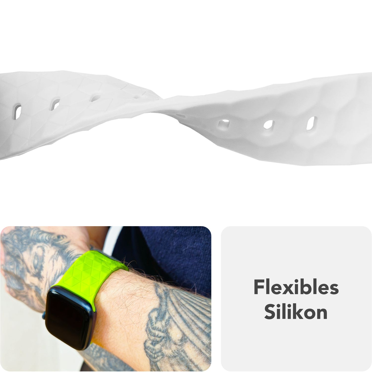 Ein weißes, flexibles Silikon-Uhrenarmband neben dem Handgelenk einer Person mit einem grünen Band an einer Apple Watch.