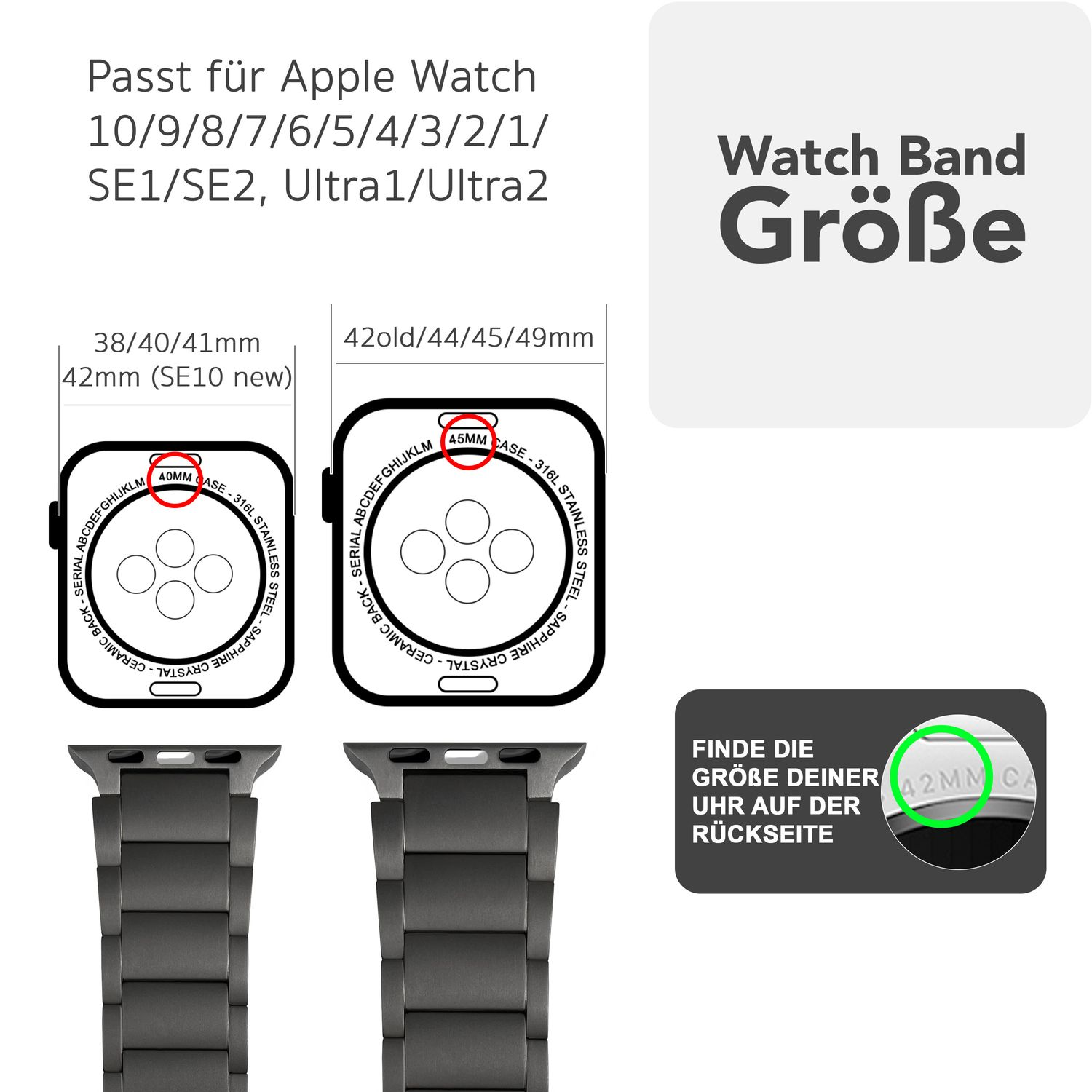 Diagramm mit den Größen für Apple Watch-Armbänder. Es zeigt verschiedene Größen für verschiedene Apple Watch-Serien mit Maßen.