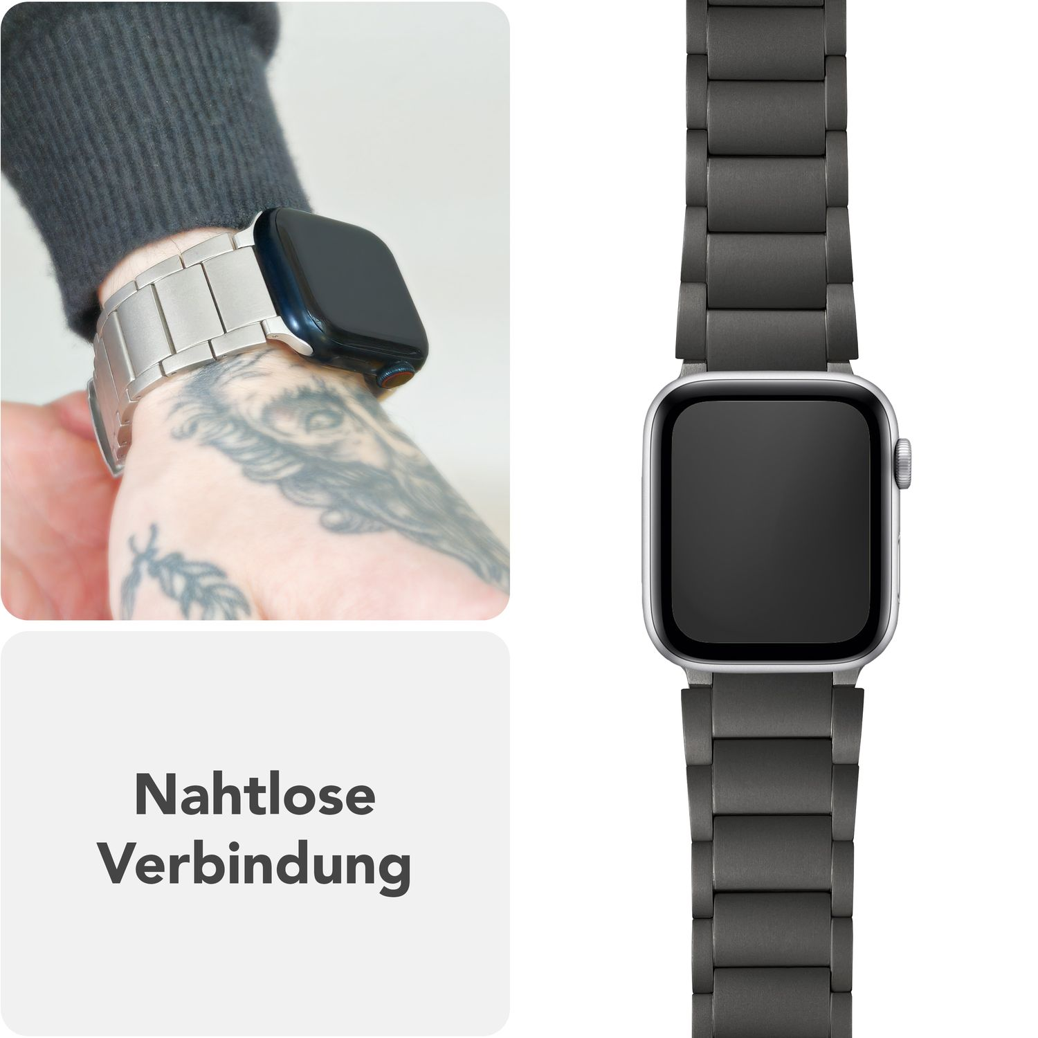 Silberne und schwarze Apple Watch am Handgelenk. Text über nahtlose Verbindung.