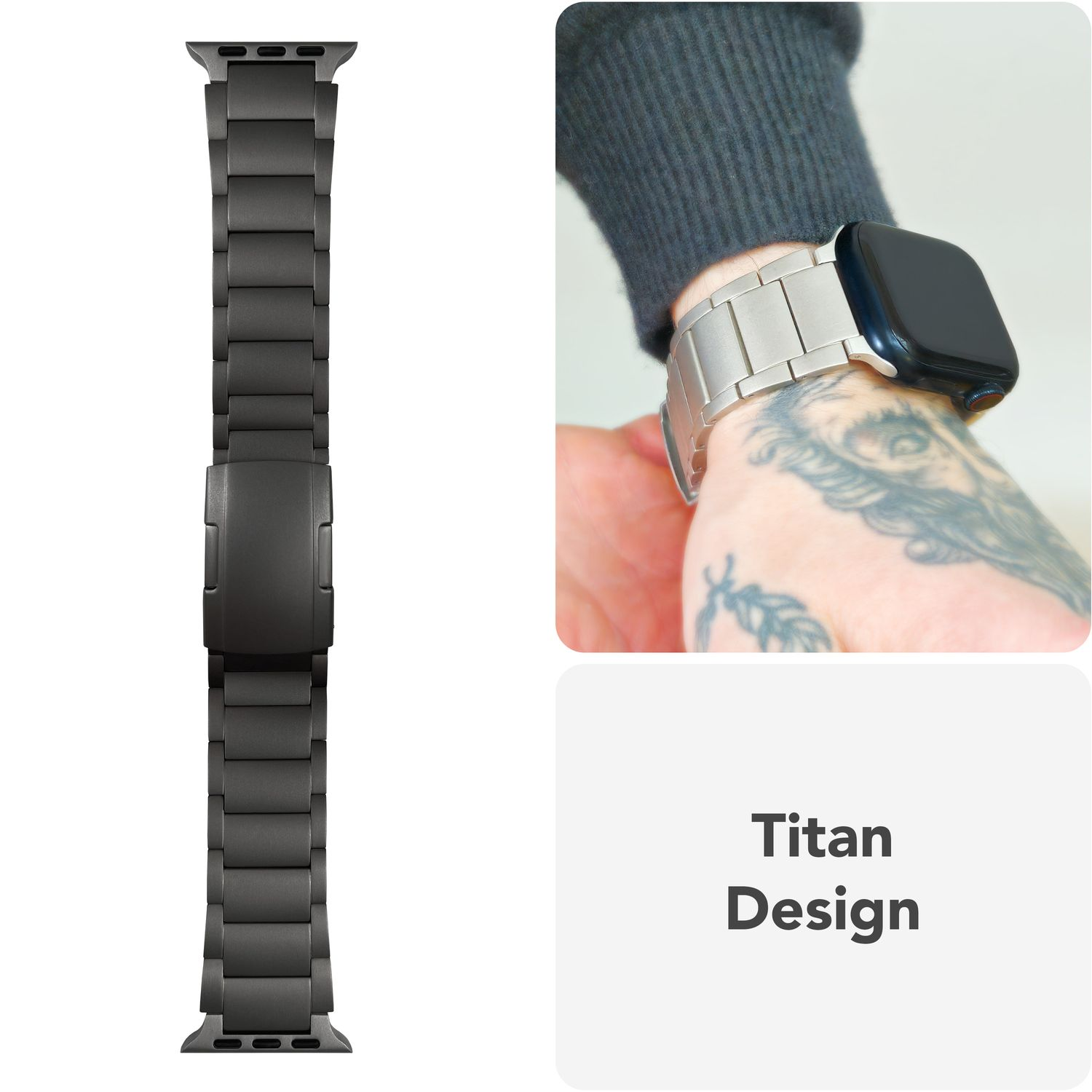 Nahaufnahme eines dunkelgrauen Metallarmbands mit Gliedern und Verschluss.