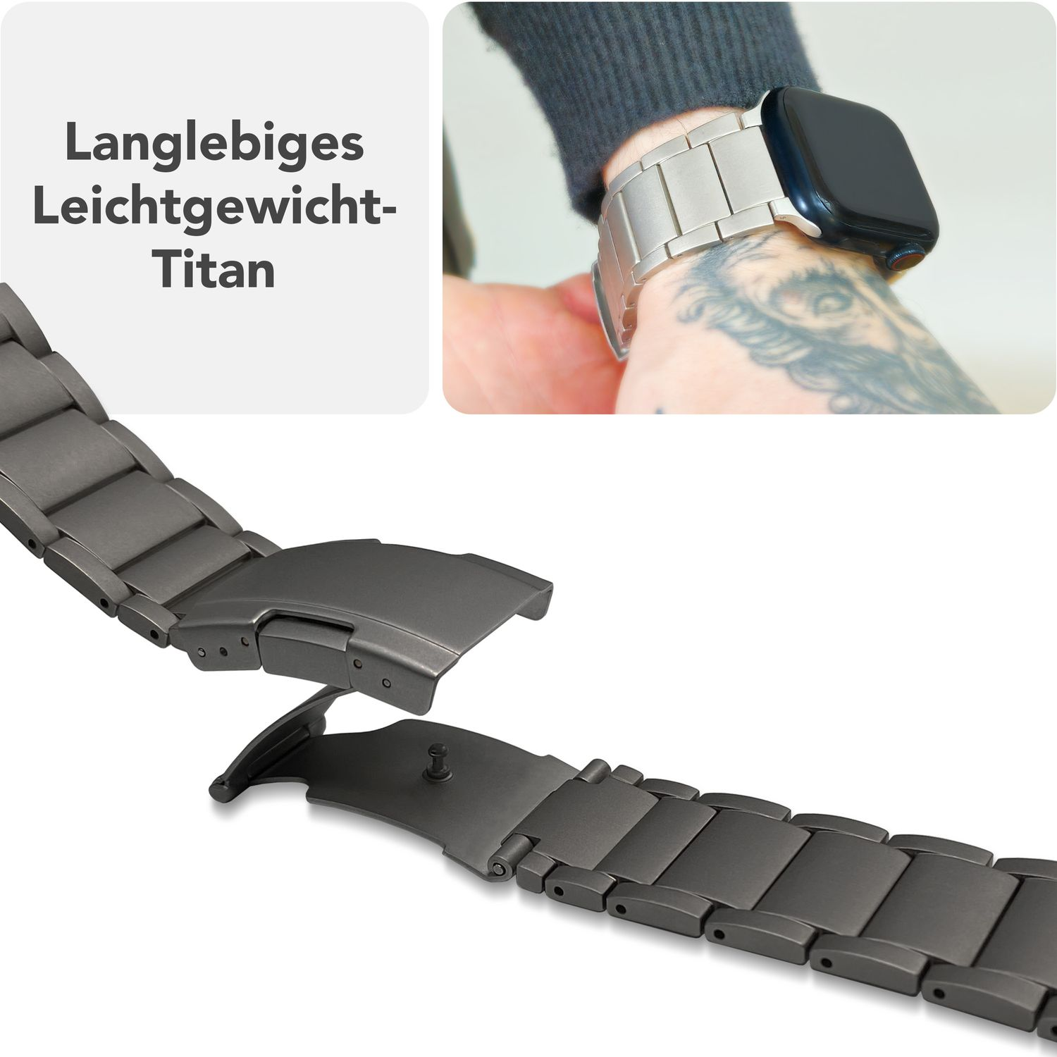 Ein Uhrenarmband und ein Handgelenk mit einer Uhr. Text: 'Langlebiges, leichtes Titan'.