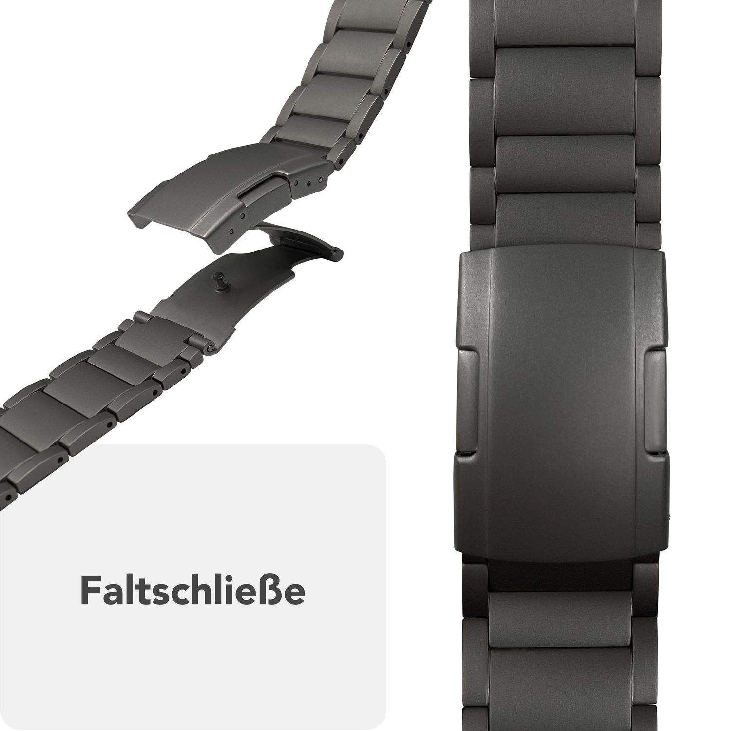 Nahaufnahme eines dunklen Metall-Uhrenarmbands, das den Faltschließenmechanismus zeigt.