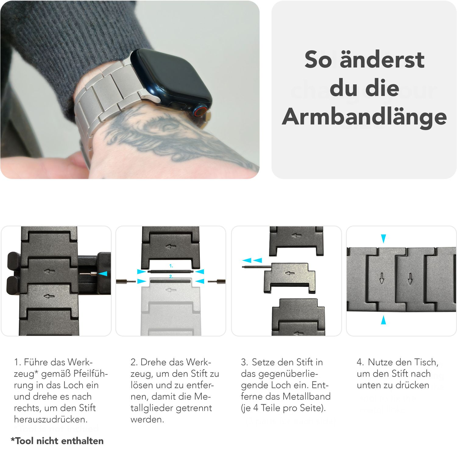 Anweisungen zum Einstellen der Länge eines Metallarmbands mit einem Werkzeug.