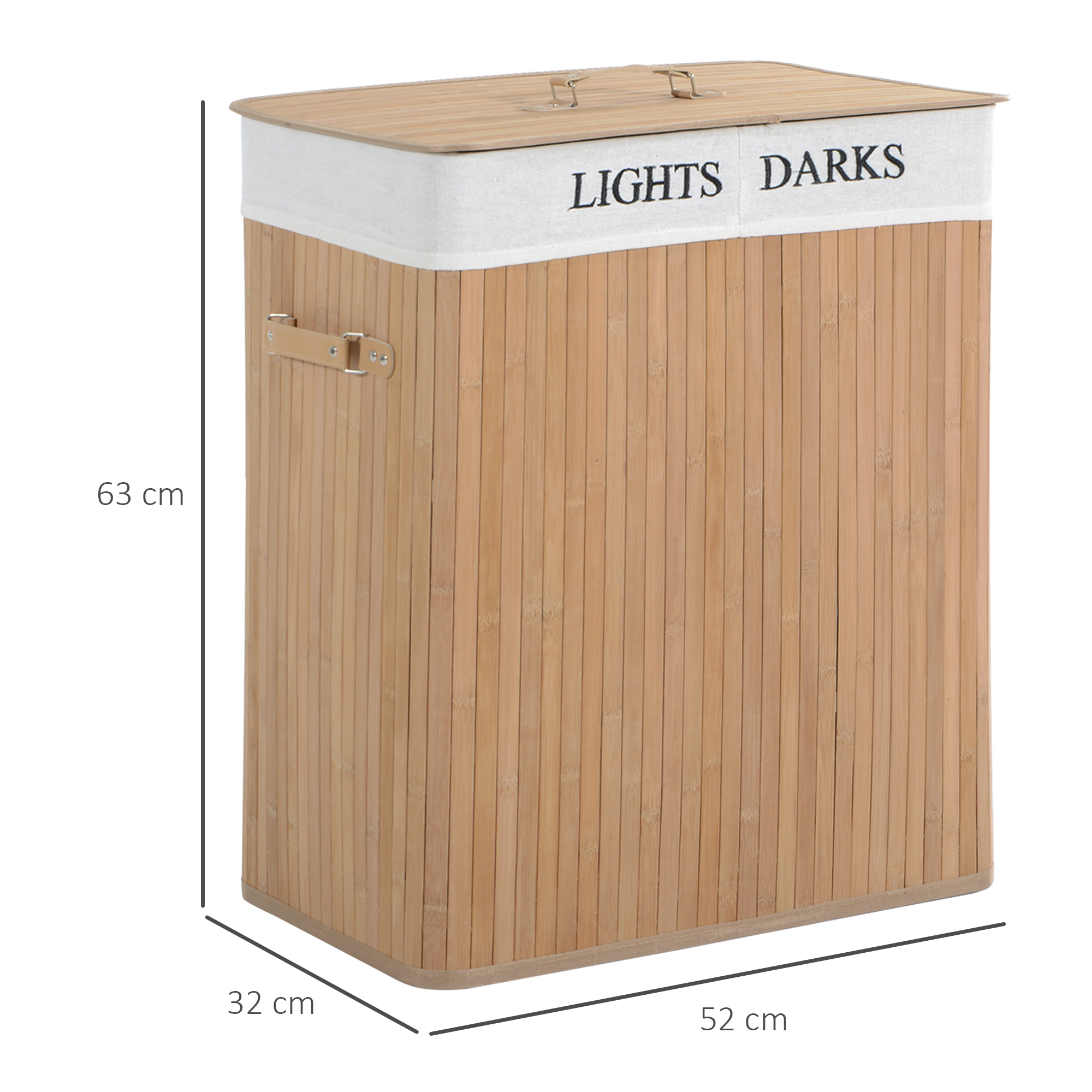 Una cesta de lavandería de bambú con tapa. Tiene dimensiones etiquetadas y el texto "LIGHTS DARKS".