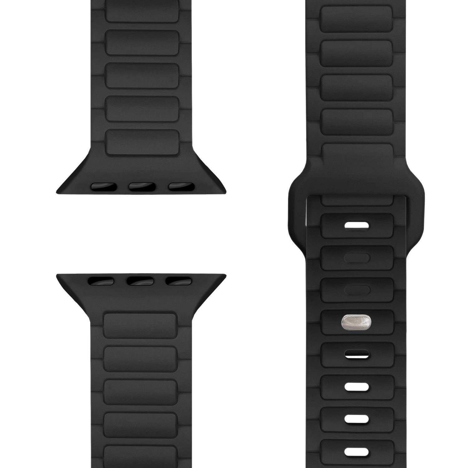 Nahaufnahme eines schwarzen Metallarmbands, das Glieder und Verbindungspunkte zeigt.