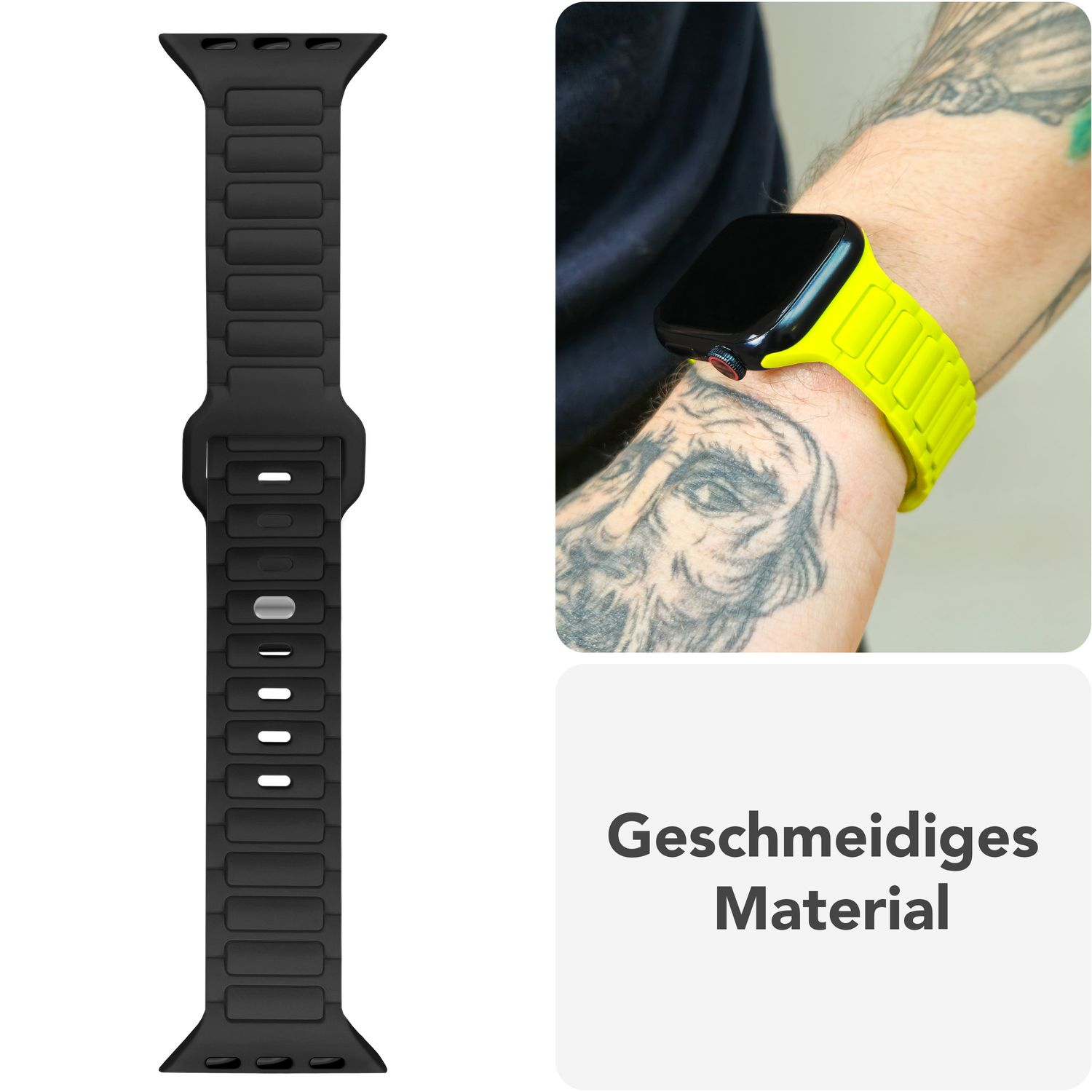 Ein schwarzes Uhrenarmband und ein Handgelenk mit einer Apple Watch mit gelbem Armband. Text: 'Geschmeidiges Material'.