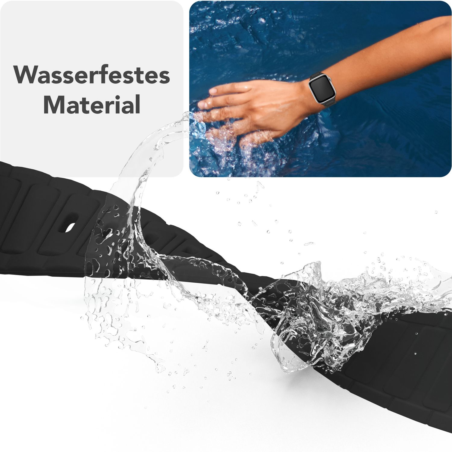 Wasser spritzt auf ein schwarzes Uhrenarmband. Ein Handgelenk mit einer Apple Watch im Wasser. Text: 'Wasserdichtes Material'.