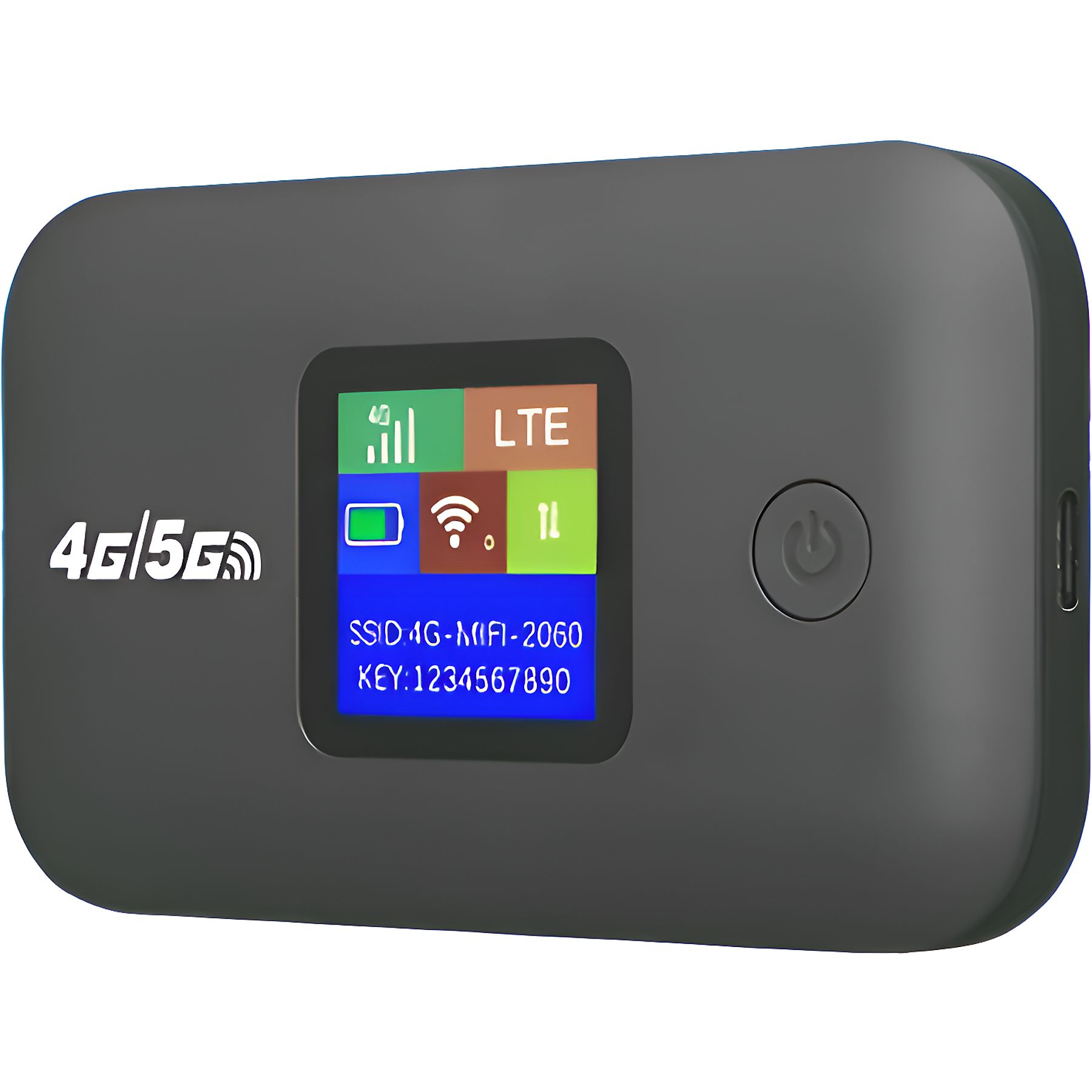 Schwarzer mobiler 4G/5G-WLAN-Router mit Bildschirm. Er zeigt Signal-, Akku-, WLAN- und LTE-Symbole an.