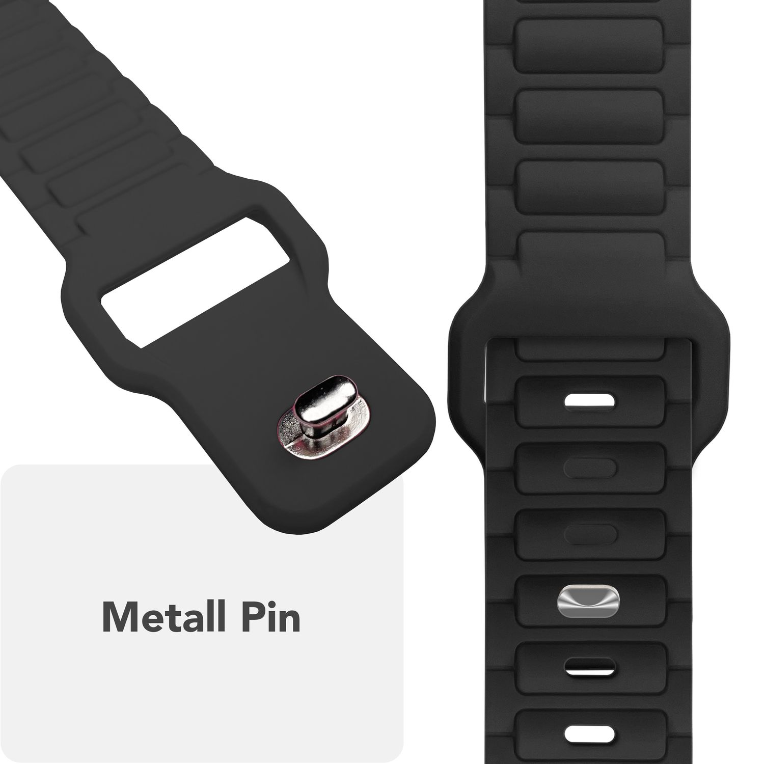 Nahaufnahme eines schwarzen Uhrenarmbands, das den Metallstift und seine Verbindung zeigt.