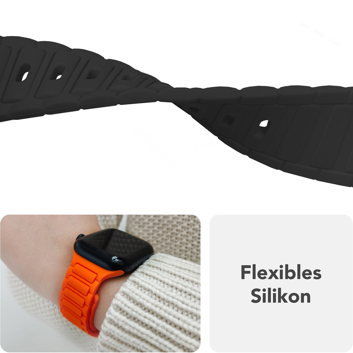 Ein schwarzes Uhrenarmband wird gebogen. Ein oranges Uhrenarmband ist an einem Handgelenk. Text: 'Flexibles Silikon'.