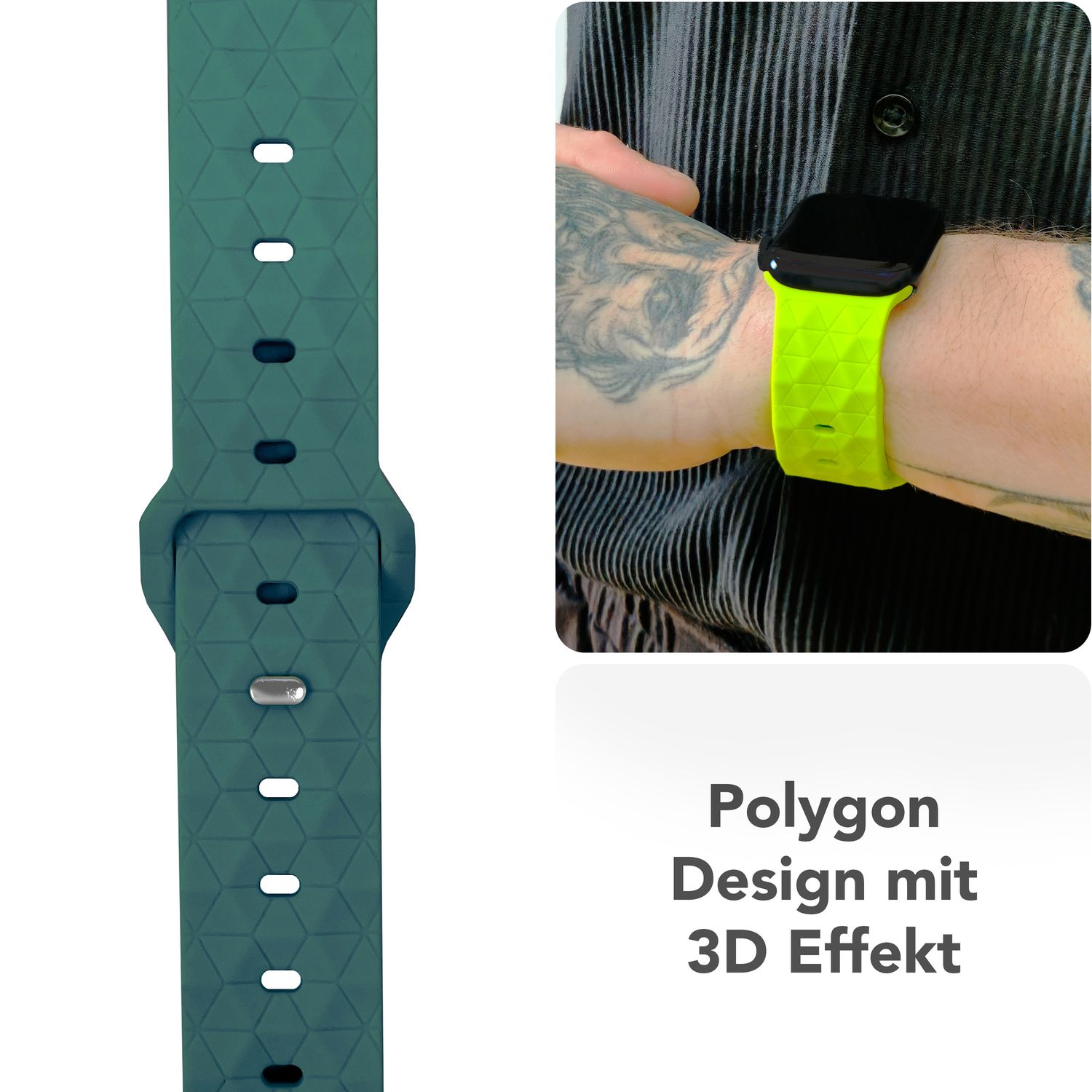 Ein türkisfarbenes Uhrenarmband an einem Handgelenk und ein weiteres separat. Text: 'Polygon-Design mit 3D-Effekt'.