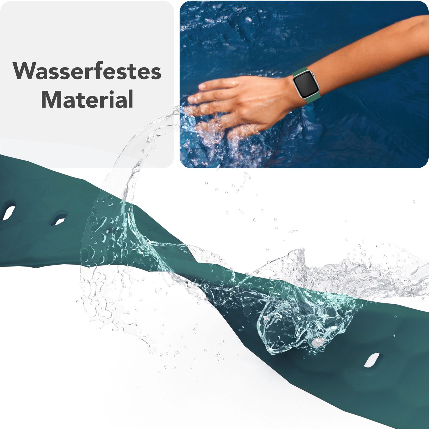 Eine Uhr und ein Uhrenarmband mit Wasserspritzern, was auf wasserfestes Material hinweist.